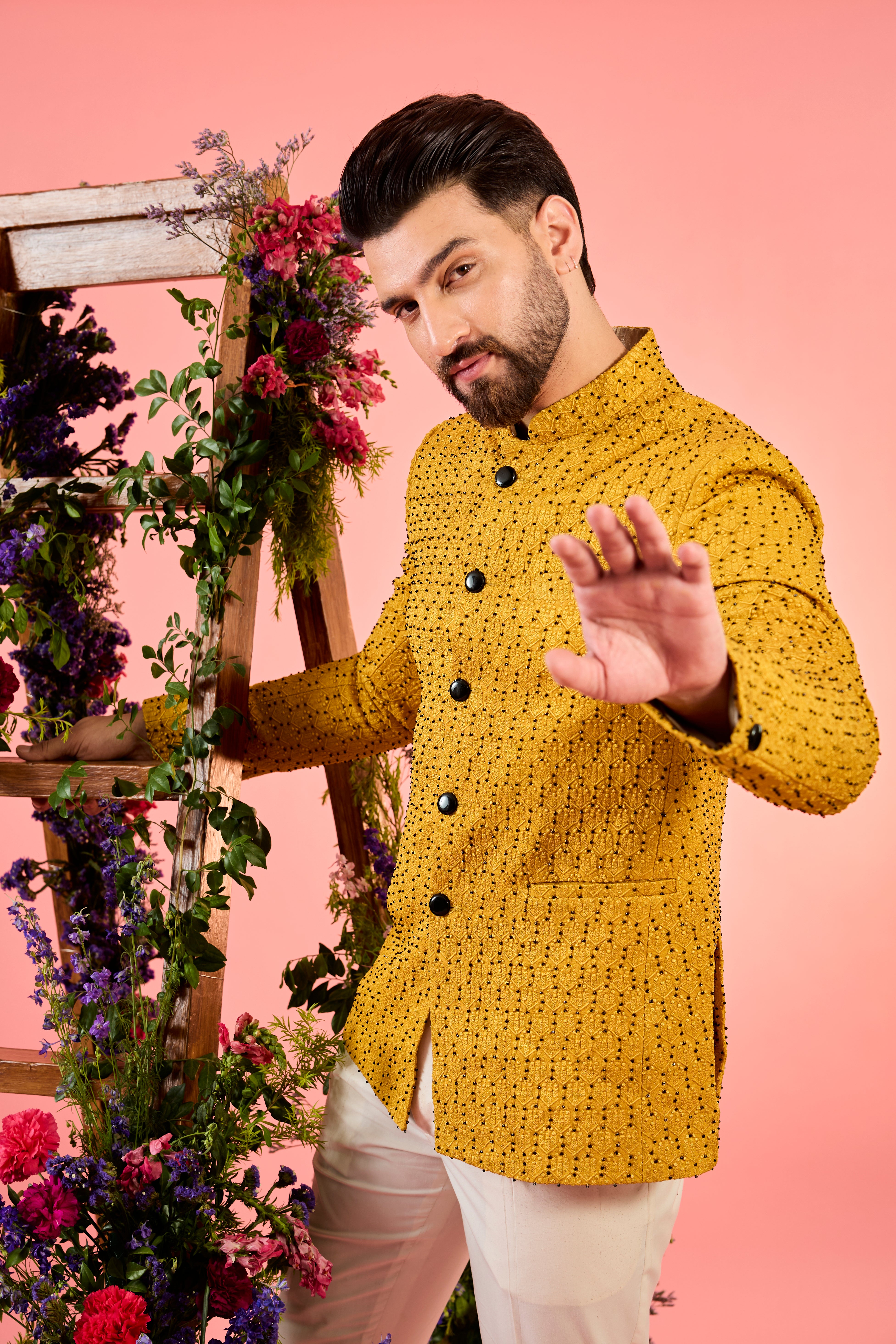Exquisite Mustard Bandhgala Suit with Intricate Cut Dana & Thread Work - Perfect for Weddings, Festivals & Special Occasions