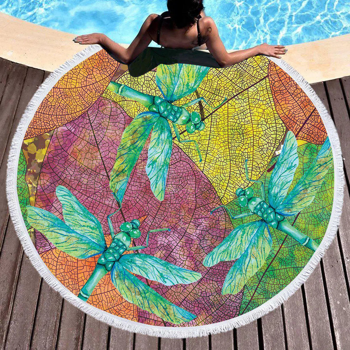 Colorful Dragonflies Round Beach Towel - Soft, Quick-Dry & Sand-Resistant for Pool, Picnic & Outdoor Activities | Perfect Summer Accessory for Beach, Yoga & Travel