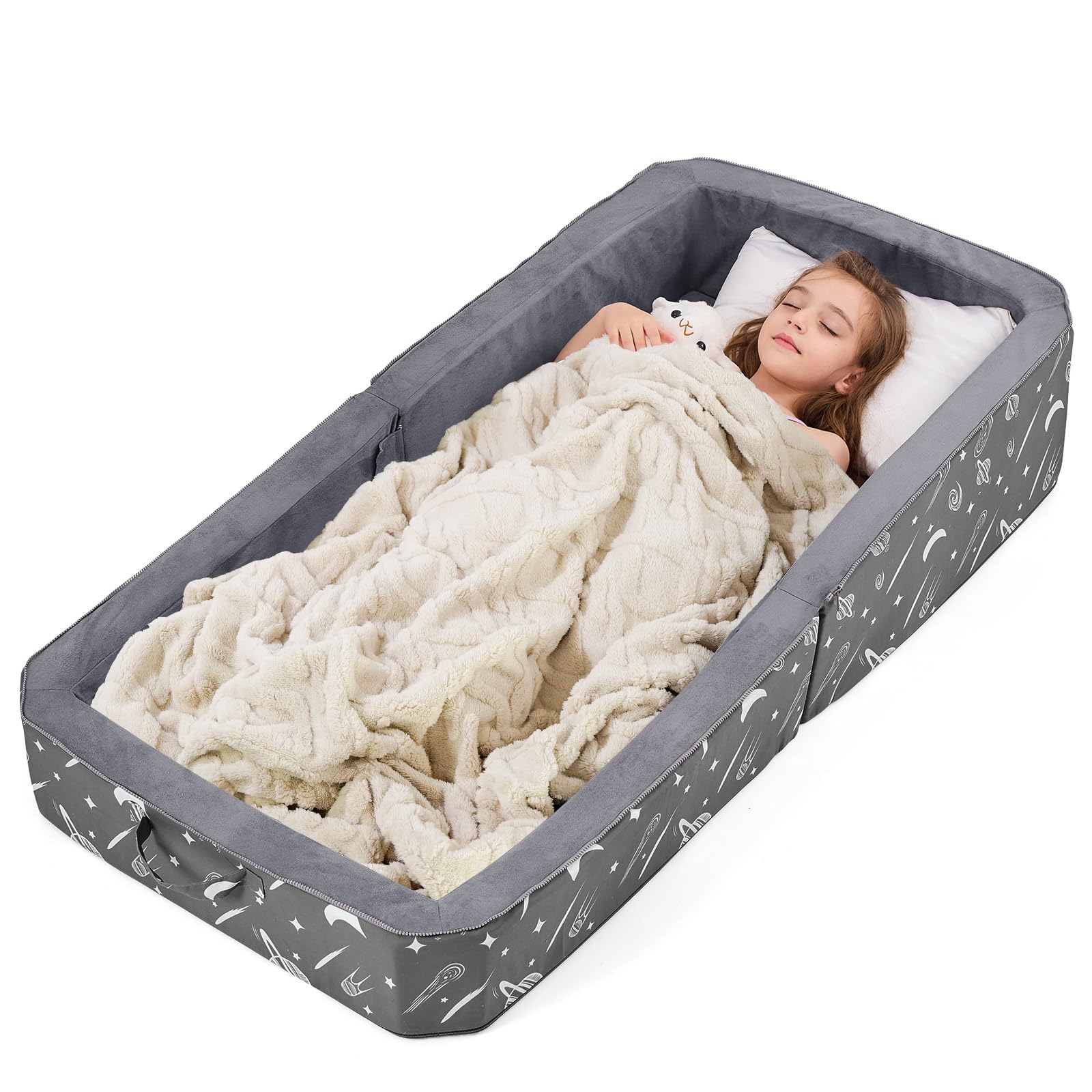 JOYWOO Foldable Toddler Floor Bed for Kids 3-6 Years - Portable Travel Cot with Washable Fitted Sheet - Perfect for Home, Playtime, Naps & Hotel Stays - Lightweight & Compact for Easy Storage - Grey Kids Sleeping Bed for Daycare & Sleepovers