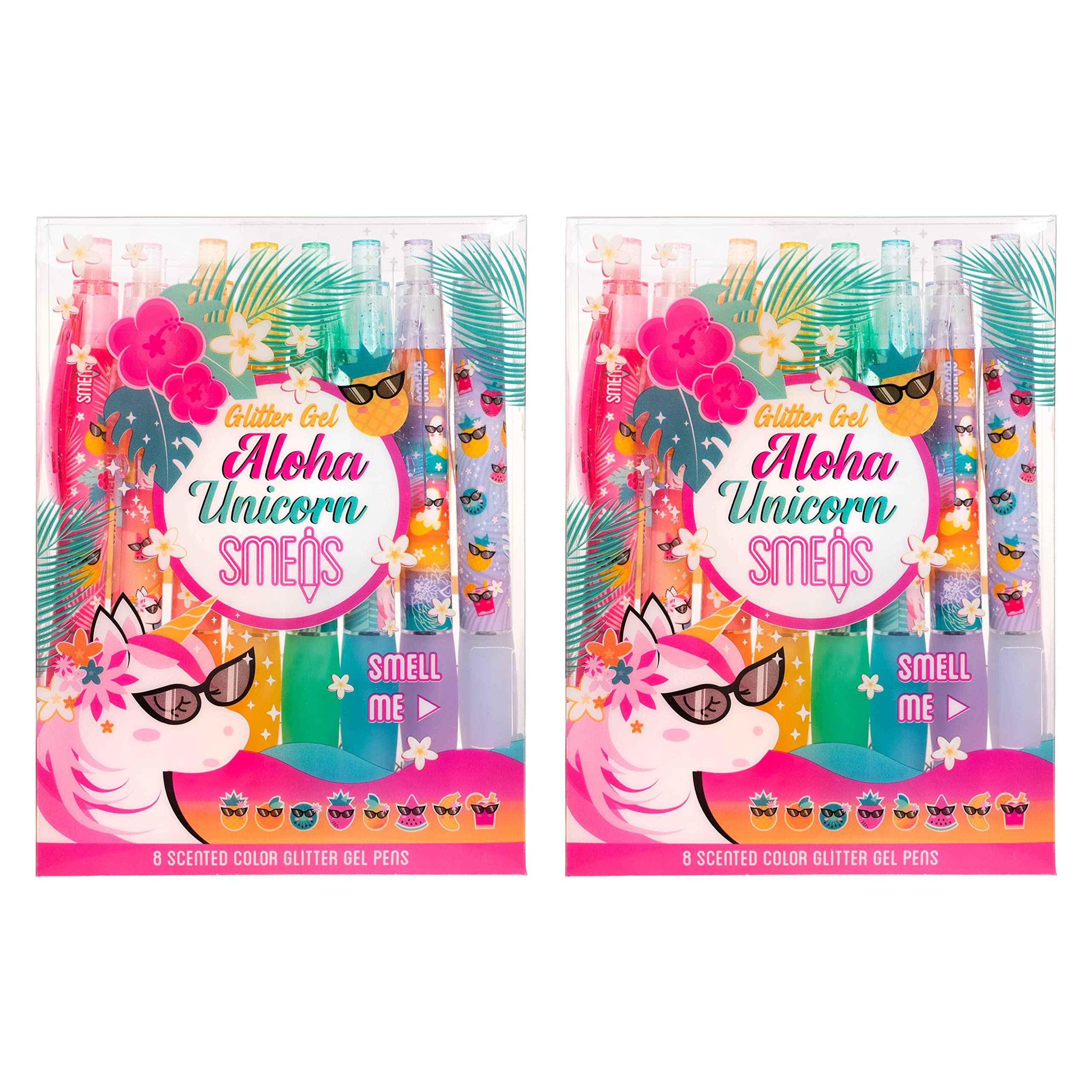 Glitter Gel Pens (2 Pack) - Aloha Unicorn Scented Gel Pens, Colored Medium Point Ink, 8 Count - Perfect for Journaling, Note Taking & School Supplies