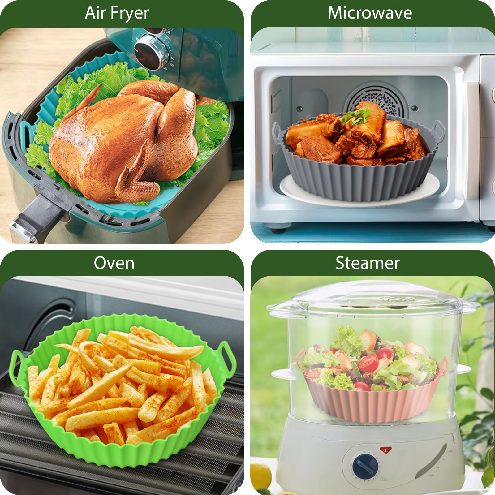 4 Pack Reusable Silicone Air Fryer Liners - 8 Inch Food Grade Non-Stick Basket Liners | Safe Oven Accessories Replacement for Flammable Parchment Paper | Perfect for Air Frying, Baking & Meal Prep