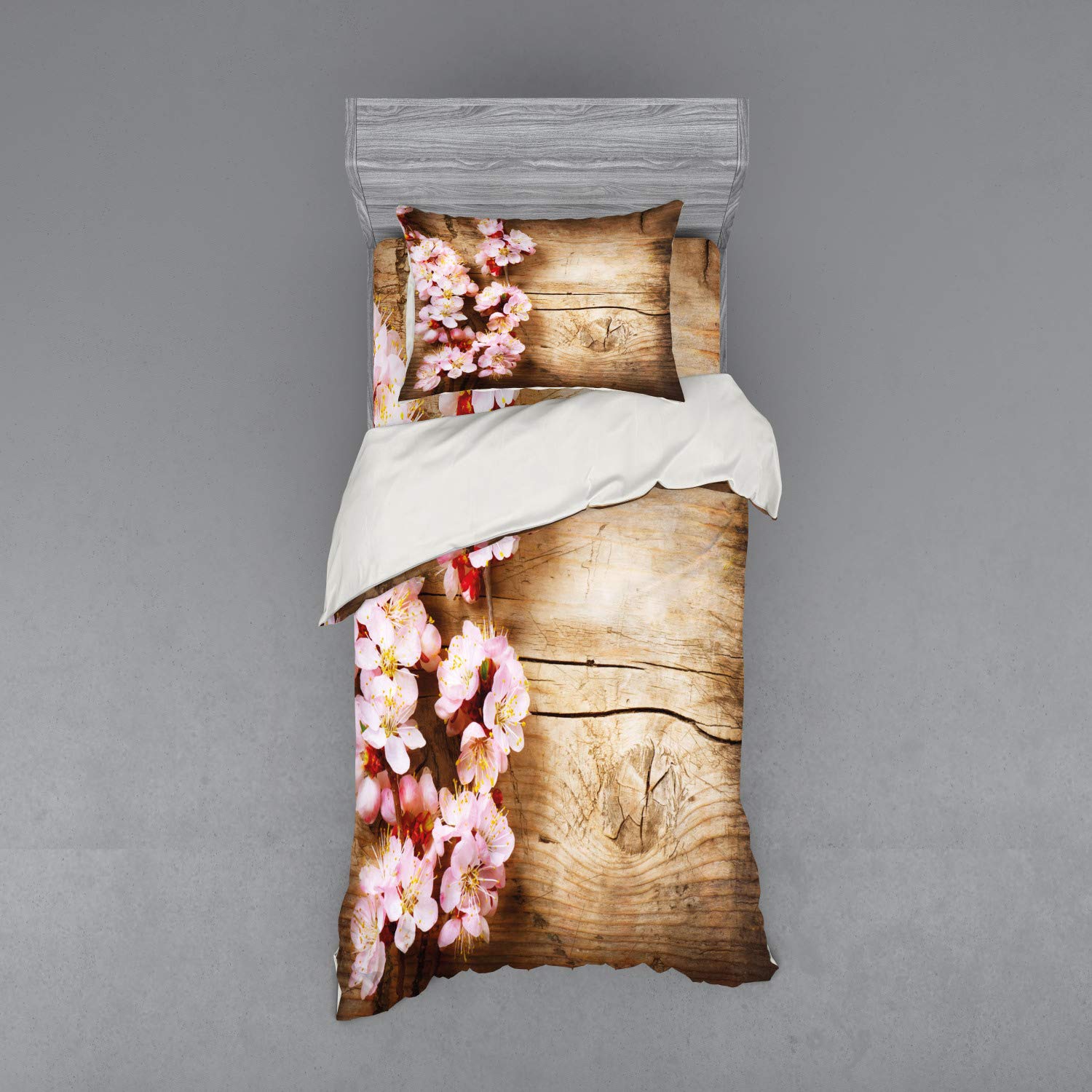 Ambesonne Floral Bedding Set - 3 Piece Duvet Cover with Sham & Fitted Sheet, Twin Size, Sand Brown & Pale Pink, Spring Blossom Orchard Design on Wooden Board - Perfect for Spring Bedroom Decor & Cozy Farmhouse Style