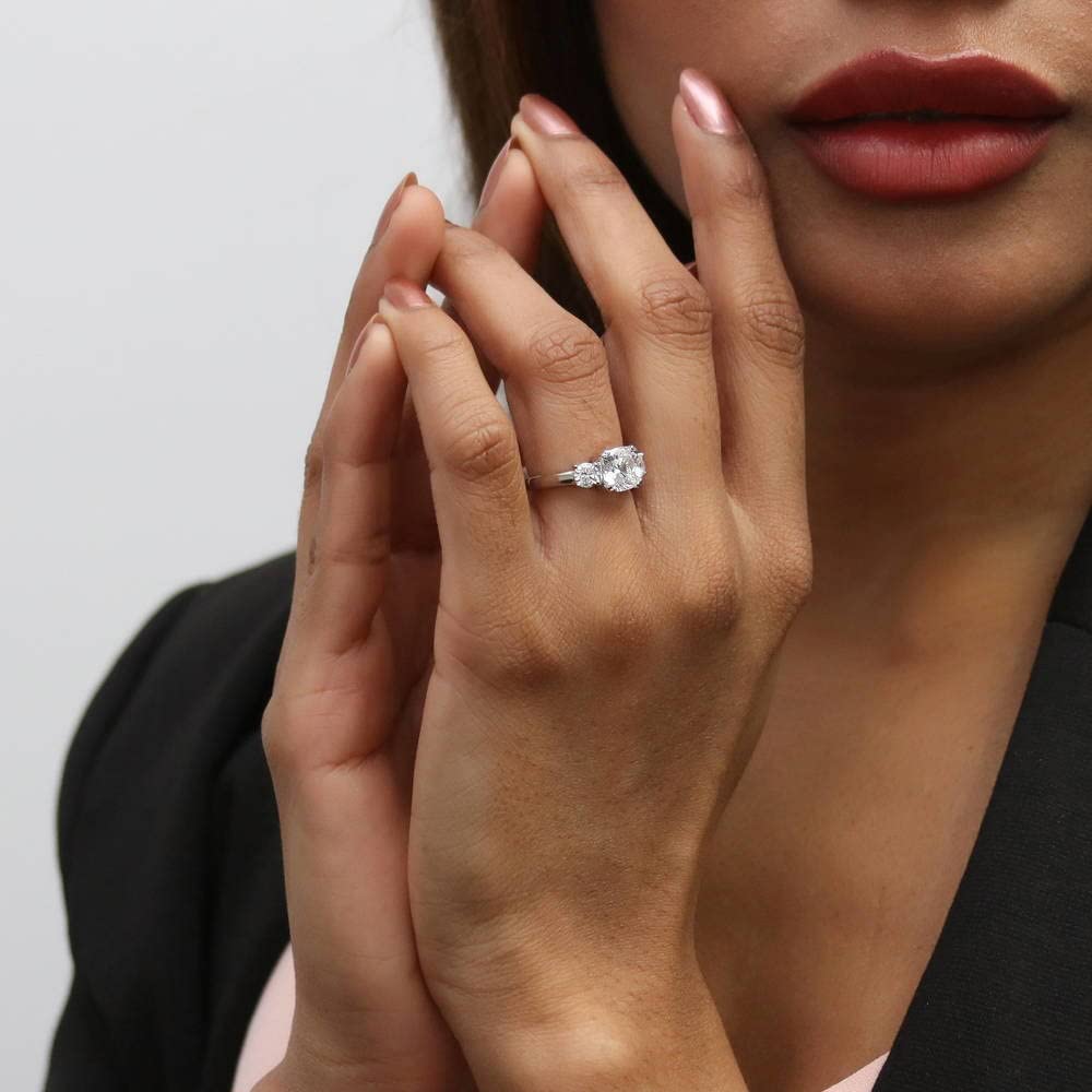 Sterling Silver 3-Stone Cubic Zirconia Engagement Ring for Women - 2 Carat Cushion Cut CZ Promise Wedding Ring, Rhodium Plated, Size 4-10 - Perfect for Proposals, Anniversaries & Romantic Gifts