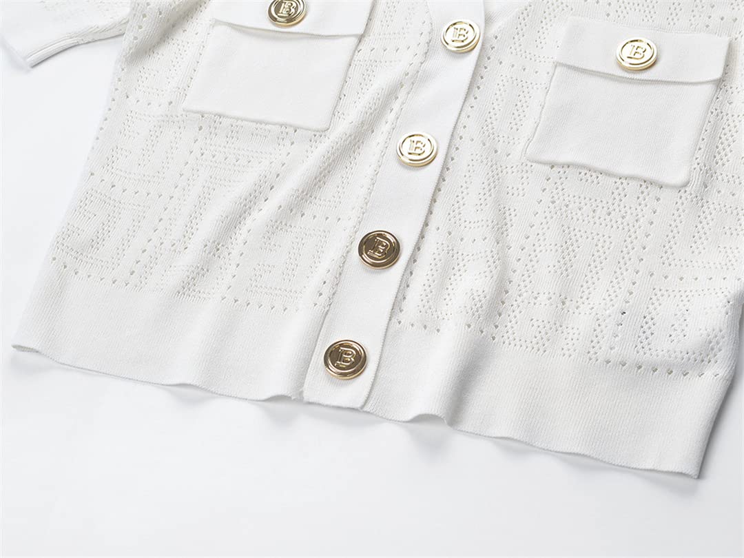 2022 Women's Casual V-Neck Short Sleeve Knitted Sweater Top - Korean Streetwear Button Down Shirt in White Size L | Perfect for Spring Outfits, Office Wear & Street Style Fashion