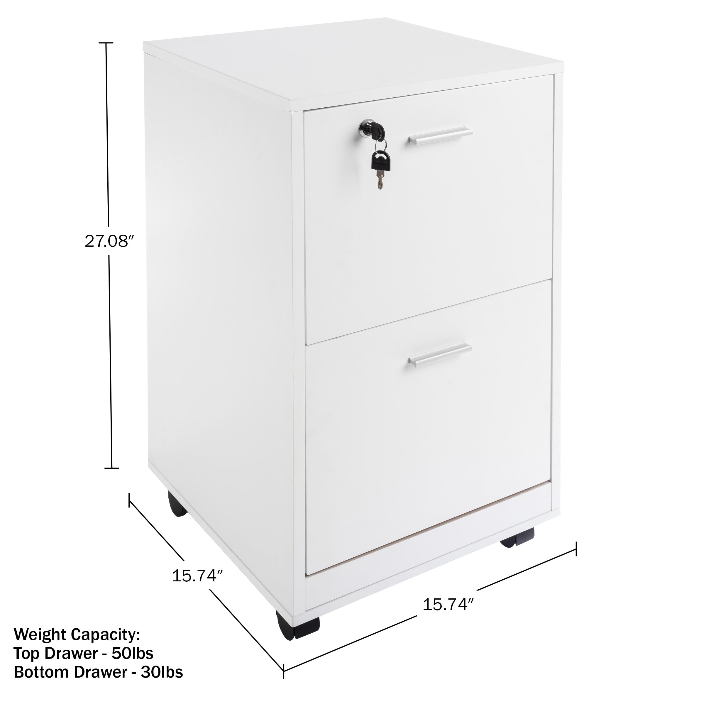 Lavish Home 2-Drawer File Cabinet with Lock - Deep Storage Rolling Filing Cabinet for Under Desk, Home & Office Organization (White) - Perfect for Document Storage, Office Supplies & Home Office Filing Needs