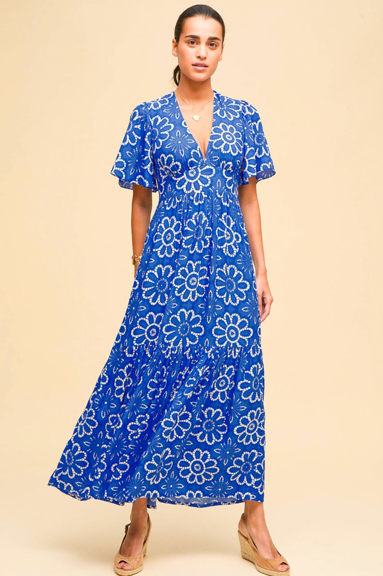 Sylvie EcoVero™ Floral Lace Dress in Cobalt Blue & White | Sustainable Viscose Women's Fashion | Perfect for Weddings & Summer Parties