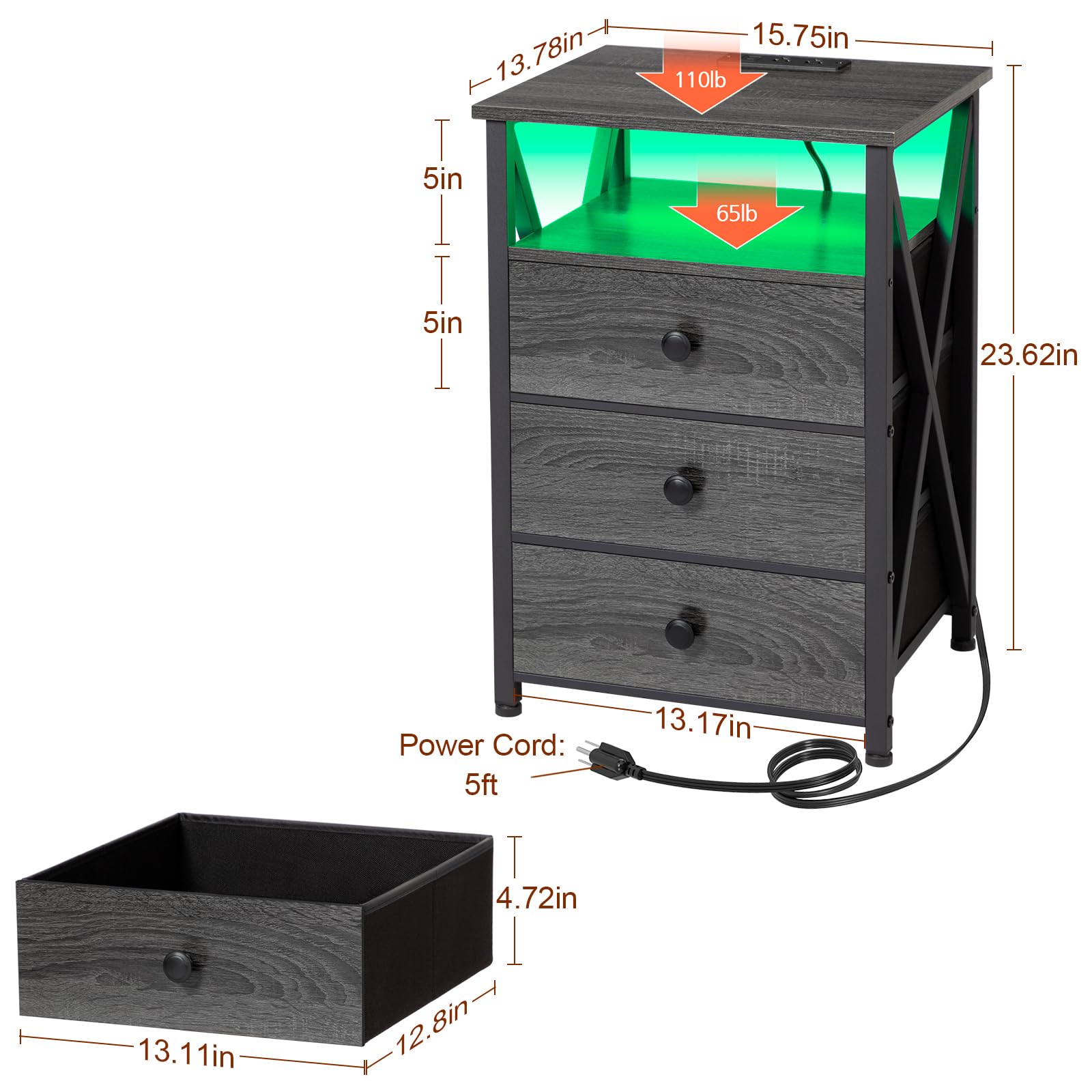 AMHANCIBLE LED Nightstand Set of 2 with USB Charging Station & Power Outlet - Modern Bedside Tables with Fabric Drawers for Bedroom & Living Room - Dark Grey End Tables (HET053LDG) - Perfect for Small Spaces & Apartment Decor