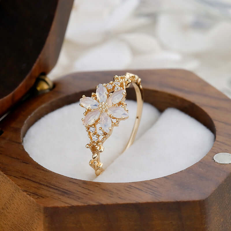 Romantic Moonstone Flower Ring in Gold – Elegant Jewelry for Women | Perfect for Weddings, Anniversaries & Special Occasions | TB2406