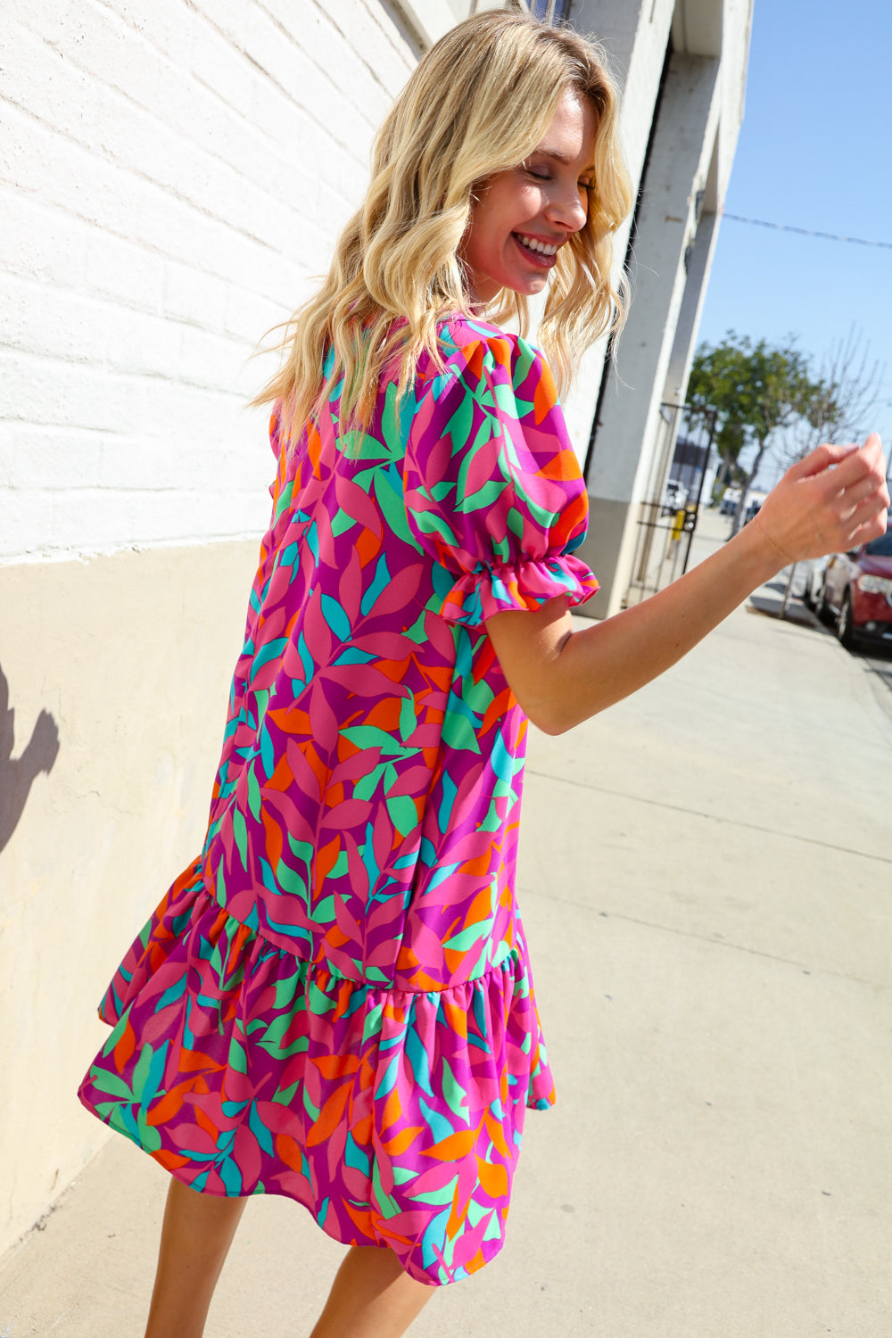 Fuchsia Tropical Leaf Print Woven Ruffle Hem Dress with Pockets - Women's Summer Beach Dress for Vacation, Party & Casual Wear