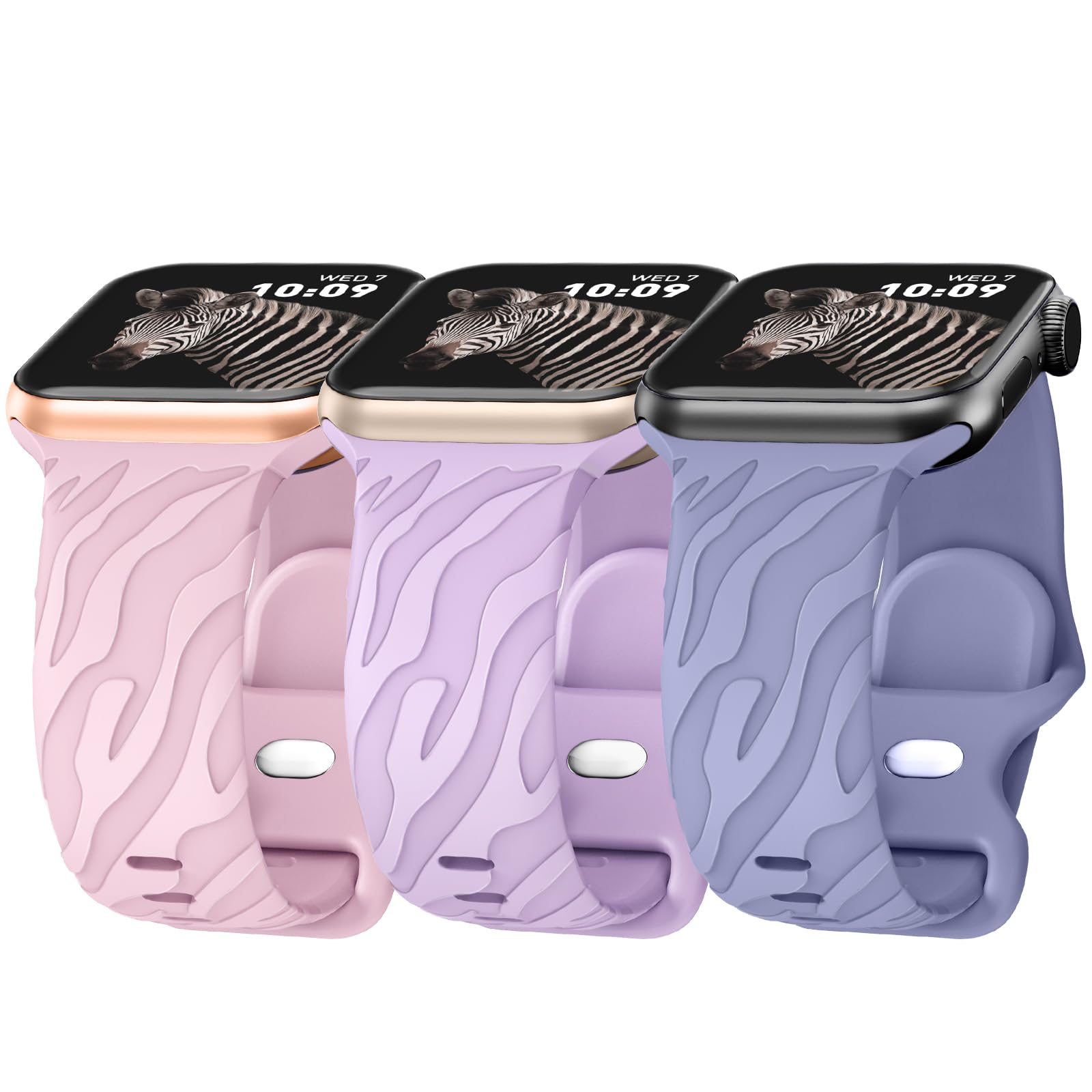 Delidigi 3 Pack Zebra Print Engraved Apple Watch Bands - Soft Silicone Sport Strap Compatible with iWatch Series Ultra/8/7/6/5/4/3/2/1/SE (38mm 40mm 41mm 42mm 44mm 45mm 49mm) for Women & Men - Perfect for Workouts, Running & Everyday Wear