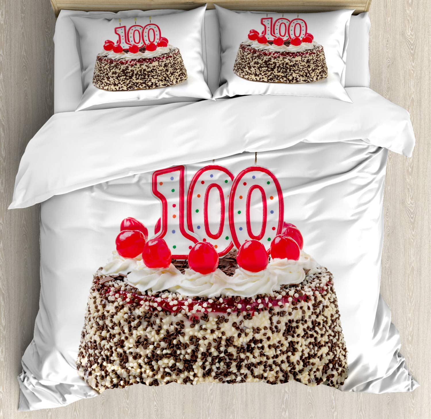 Ambesonne 100th Birthday Duvet Cover Set - California King Size 3-Piece Bedding with Cake & Candles Design, Vibrant Multicolor Decor for Party Celebration | Perfect for Adult Birthday Parties, Milestone Celebrations & Festive Bedroom Decor