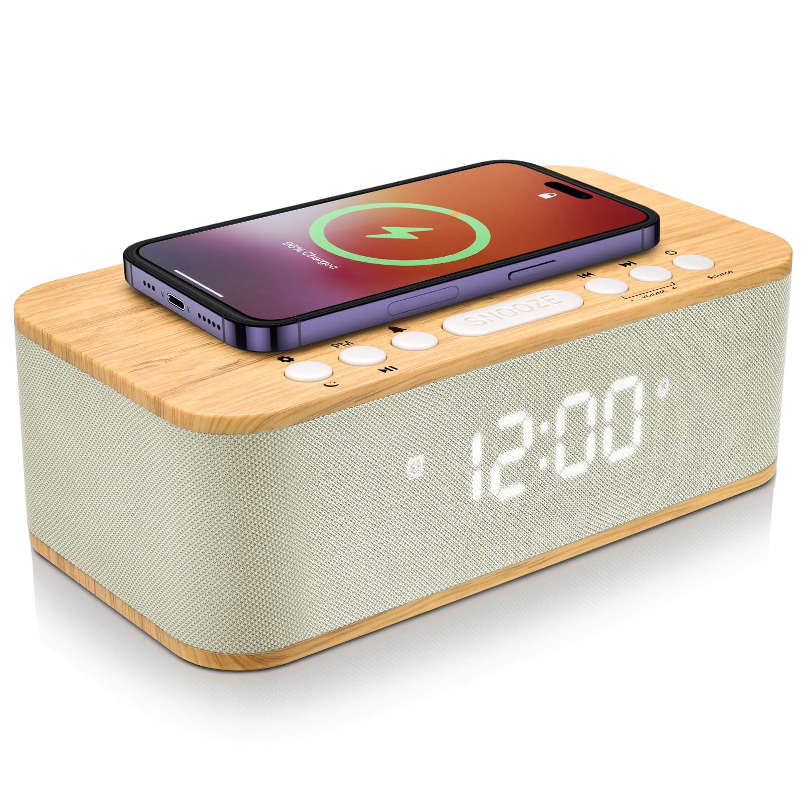 DOQUO Digital Alarm Clock with Bluetooth Speaker & Wireless Charging - Dual Alarm, USB Port, Snooze, Sleep Timer, 12/24H Display, Adjustable Dimmer for Heavy Sleepers - Perfect for Bedroom, Office & Travel Use
