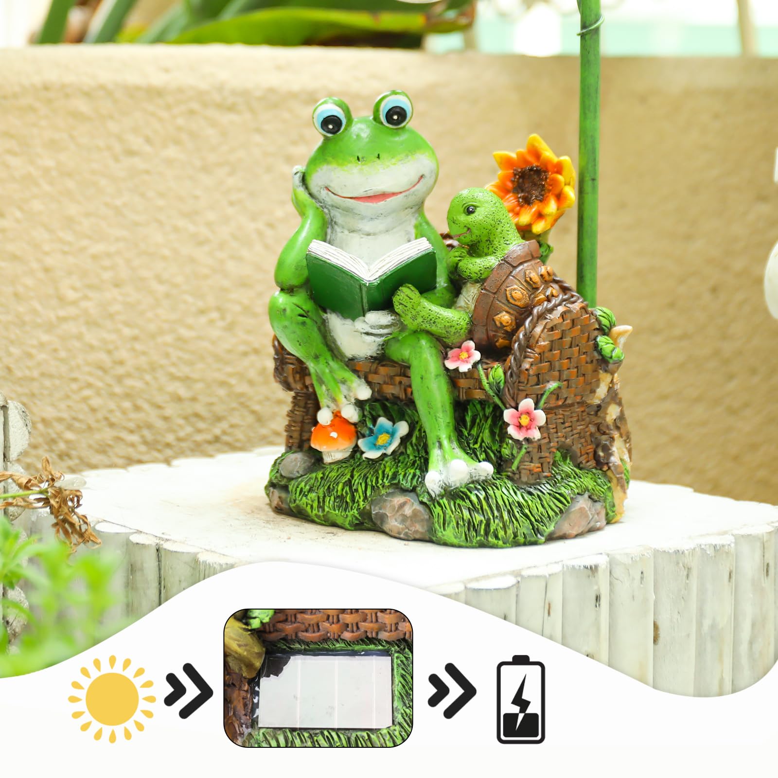 Solar Garden Statues - Frog & Turtle Reading Sculpture with LED Lights | Outdoor Decor for Patio, Balcony, Yard | Weather-Resistant Figurine Gift for Garden Lovers (Perfect for Evening Ambiance & Landscape Decoration)