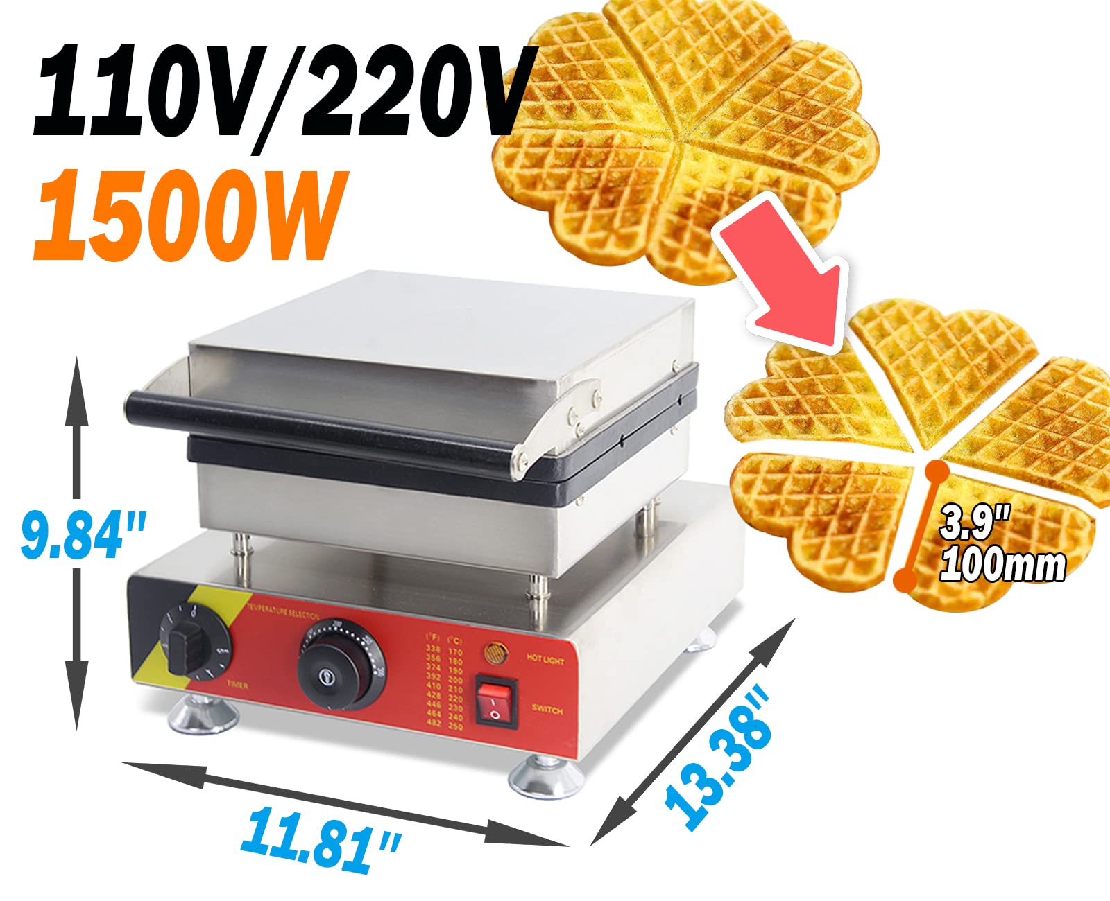 Belgian Commercial 5-Heart Flower Waffle Maker - 1500W Non-Stick Waffle Iron with Cool-Touch Handle (110V) - Perfect for Bakeries, Restaurants, Snack Bars & Home Breakfasts