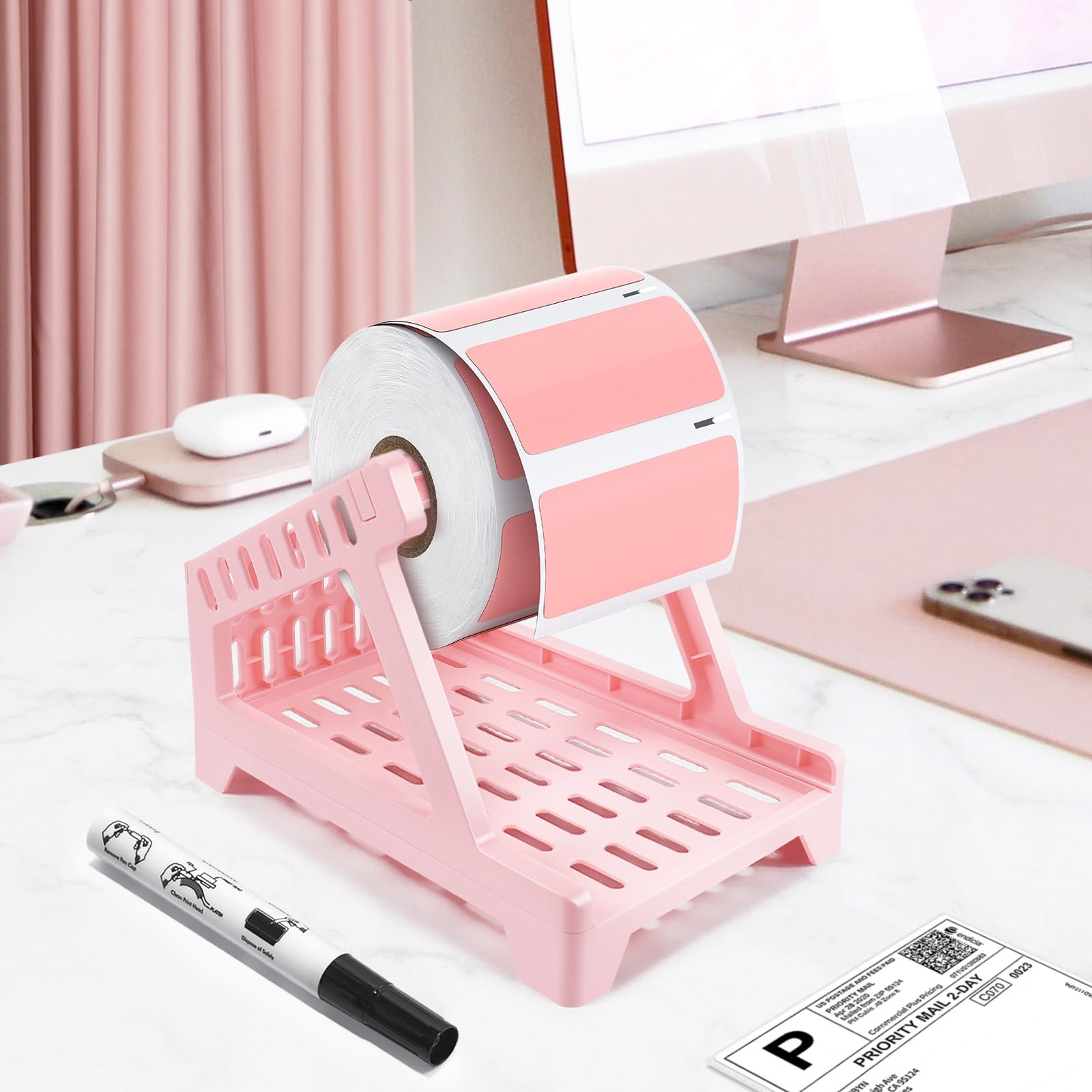 Thermal Label Holder for Shipping Labels - Desktop Stand for Rolls & Fanfold Labels - Durable Printer Accessory for Home & Office Use (Pink, Small) - Perfect for E-commerce, Warehouse & Small Business Shipping