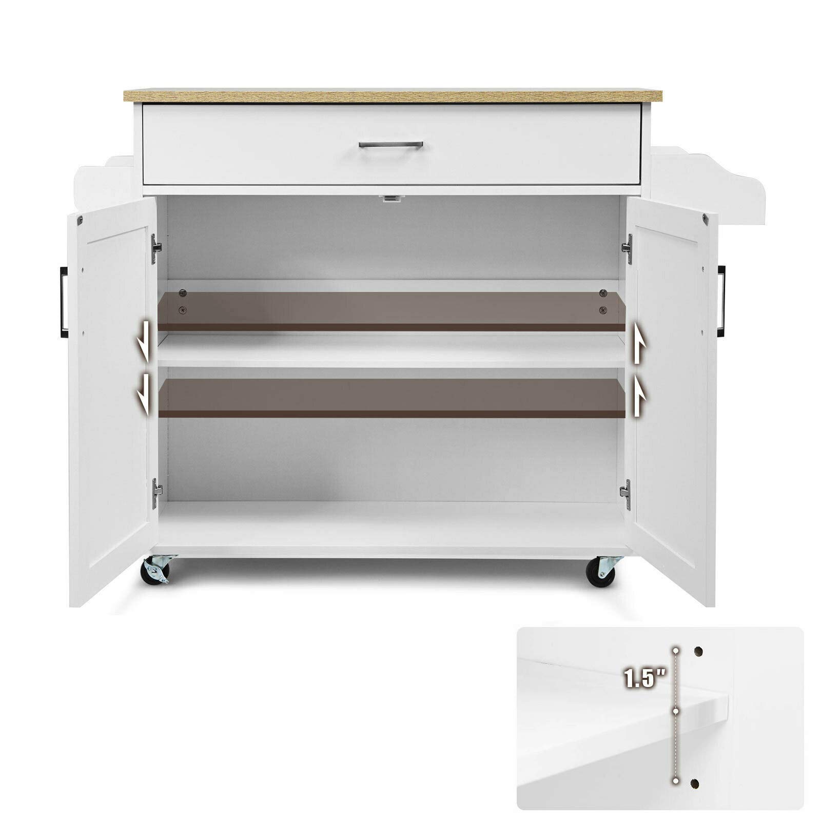 White Rolling Kitchen Island Cart with Spice Rack - 1 Drawer & Cabinet Storage, Spacious Countertop for Kitchenware, Wine & Dinnerware - Perfect for Small Kitchens, Entertaining & Spice Organization