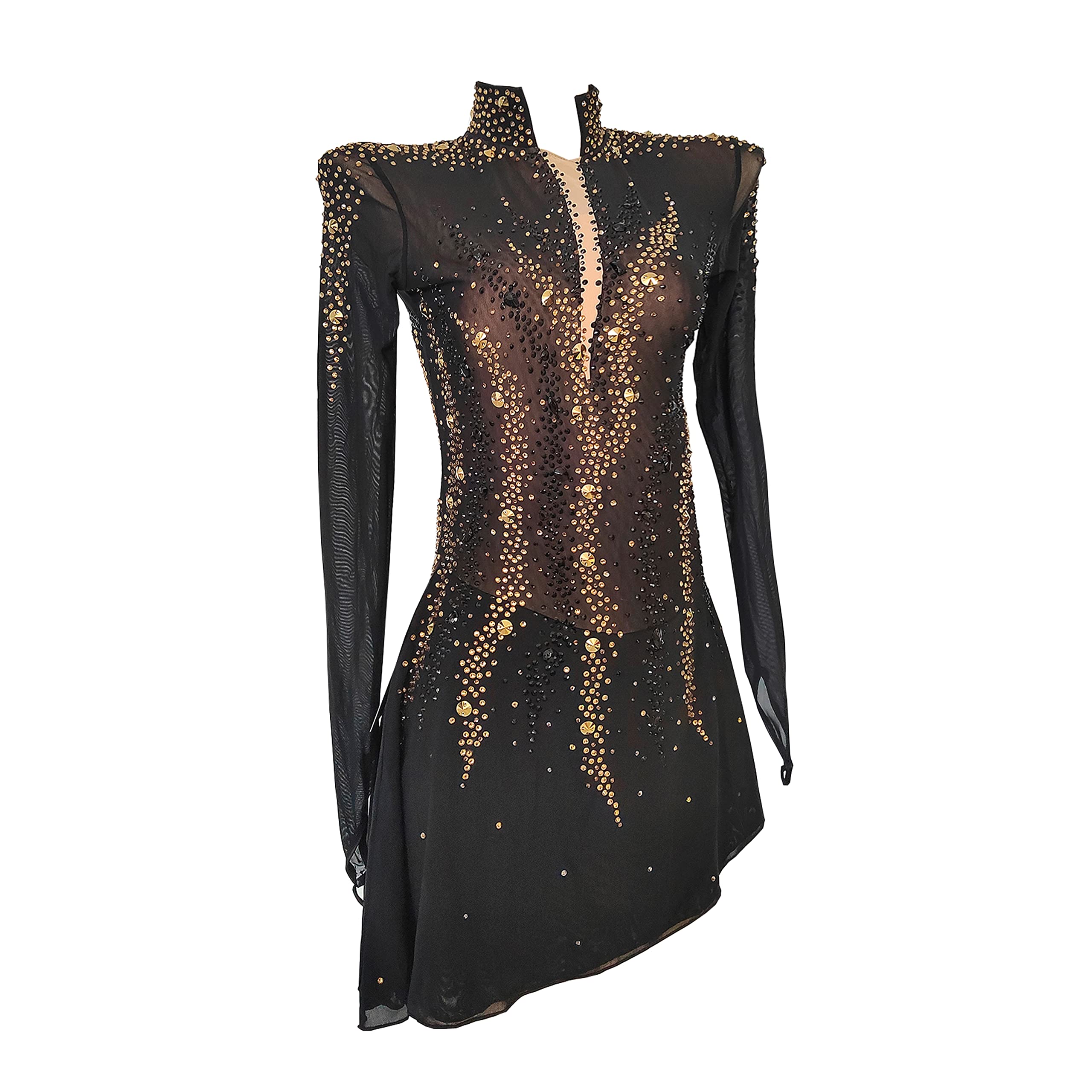 JoyCan Girls Women Figure Skating Dress - Yellow Diamond Black Gauze Long Sleeve Competition Costume for Ice Skating Performances & Shows