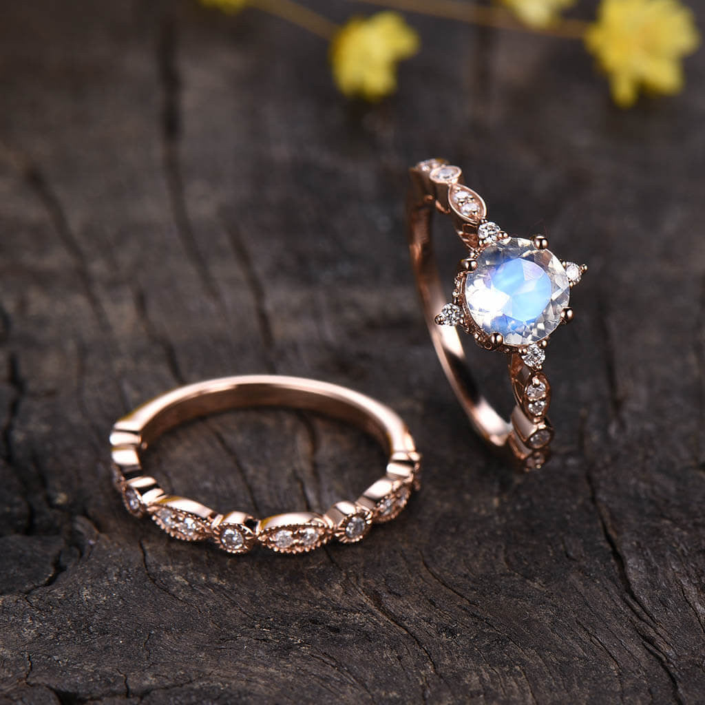 Vintage Art Deco Moonstone Diamond Rose Gold Engagement Ring Set for Women - 2 Piece Promise & Wedding Band - Perfect for Proposals, Anniversaries & Romantic Gifts