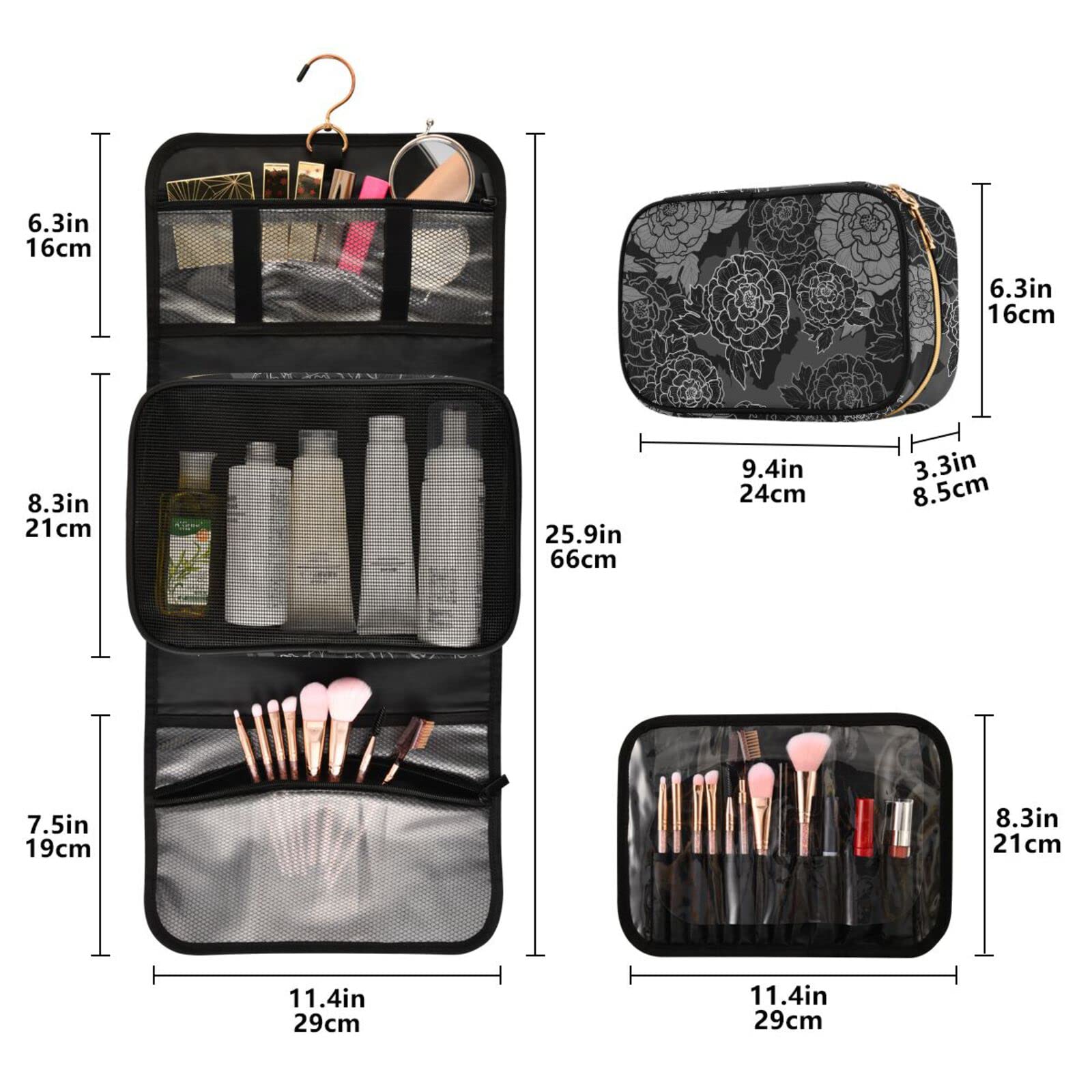 Susiyo Peony Black & White Toiletry Bag Set of 3 - Portable Travel Cosmetic Cases & Makeup Brush Organizer for Women & Girls | Perfect for Vacation, Gym & Daily Essentials Storage