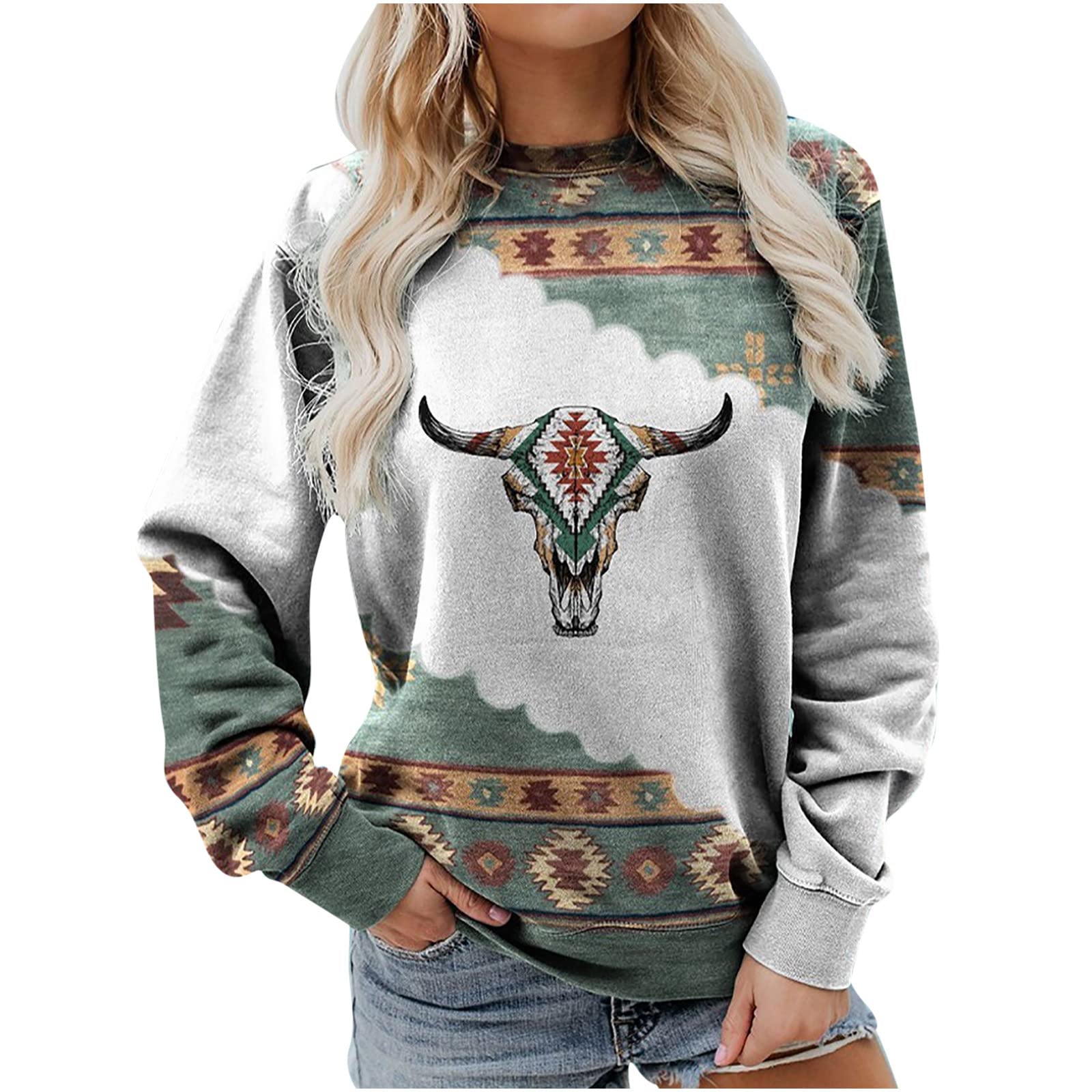 Women's Western Aztec Ethnic Print Long Sleeve Crewneck Tunic Top - Boho Loose Fit Blouse for Casual Wear, Festivals & Layering