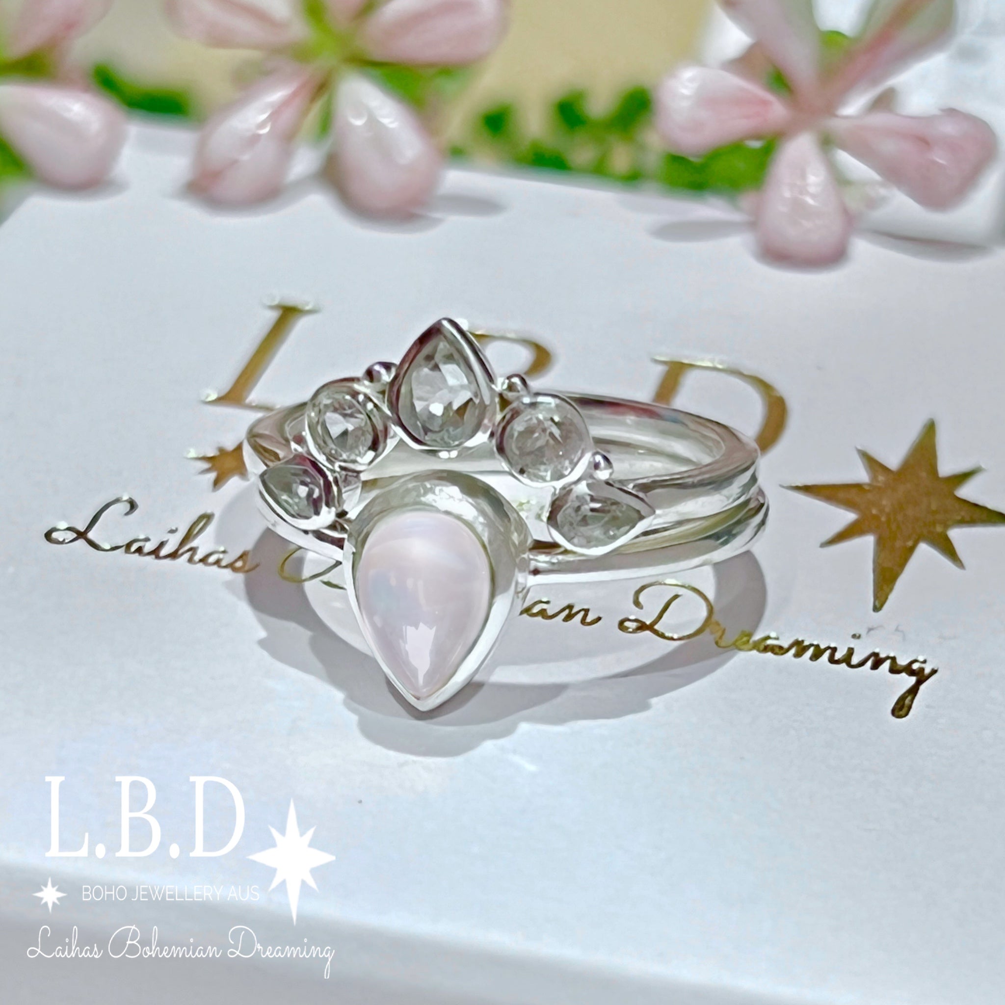Laihas Queen of Cups Topaz & Rose Quartz Ring Set – Elegant Gemstone Jewelry for Women, Perfect for Gifts, Weddings & Special Occasions