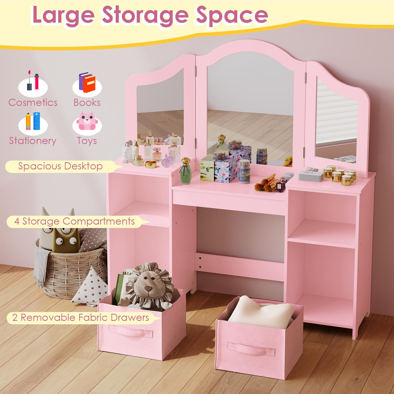 Arlopu Pink Wooden Kids Vanity Set with Tri-Folding Mirror & Stool - Princess Dressing Table for Toddler Girls, Makeup Play Table with Canvas Drawer - Perfect for Birthday Gifts, Pretend Play & Bedroom Decor