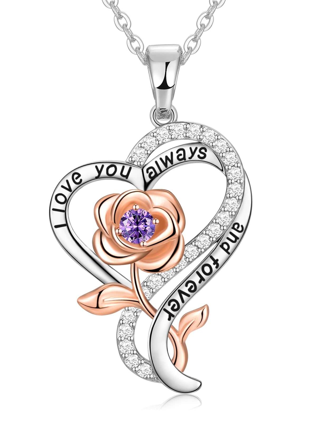 Rose Heart Necklace for Women - Sterling Silver Birthstone Jewelry Gift for Wife, Girlfriend, Mom | Valentine's Day, Anniversary, Birthday Present | Elegant Pendant Necklace for Everyday Wear & Special Occasions