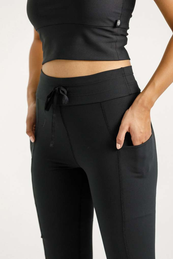 High Waist Drawstring Pocket Leggings for Women - Comfortable Workout Yoga Pants with Side Pockets - Perfect for Gym, Running, Lounge & Everyday Wear - Black