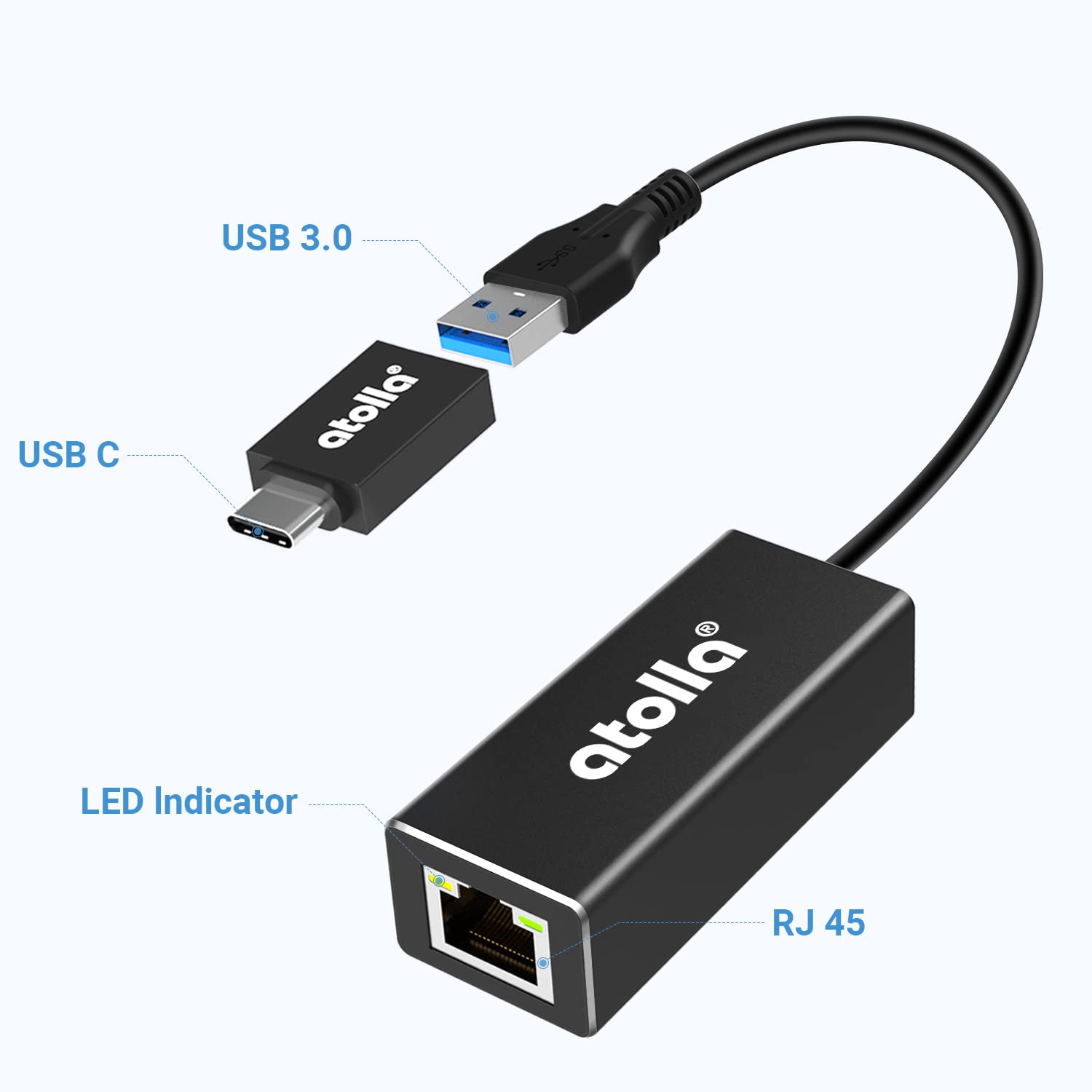 Atolla USB 3.0 to Gigabit Ethernet Adapter (1000Mbps), USB-C to RJ45 Network Converter for MacBook, Windows PC, Laptop - High-Speed Wired Internet Connection for Gaming, Streaming & Remote Work