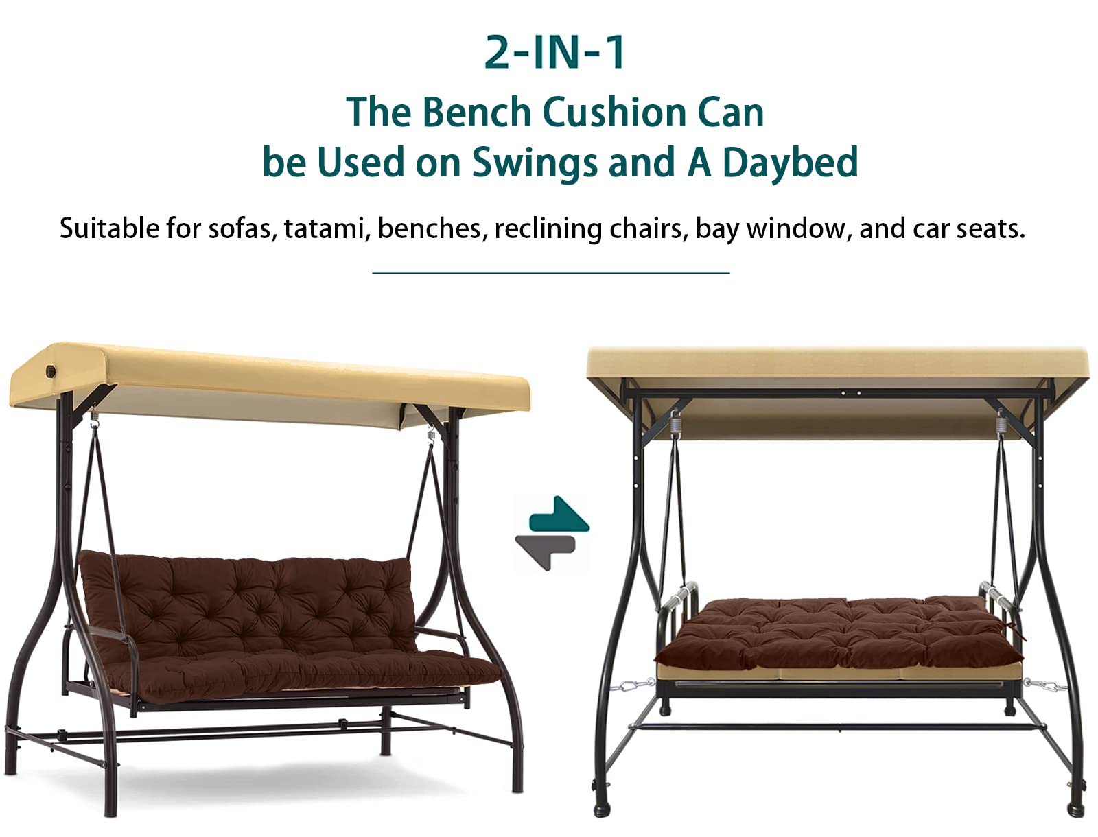 Waterproof Swing Replacement Seat Cushions for Outdoor Furniture - 2-3 Seater Bench Cushions with Backrest (Brown, 40x40in) - Perfect for Garden Swings, Patio Recliners & Porch Sofas