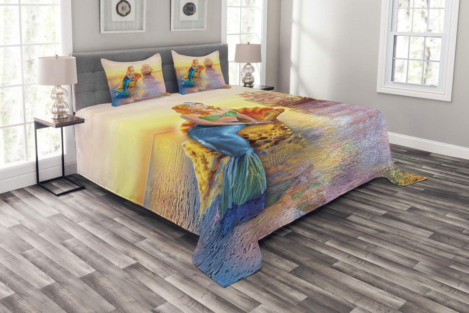 Ambesonne Mermaid Bedspread Set - King Size 3-Piece Ocean Theme Bedding with Seashell & Vintage Sailboat Design, Includes Coverlet and 2 Pillow Shams - Perfect for Coastal Decor, Beach House Bedroom or Mermaid Themed Room
