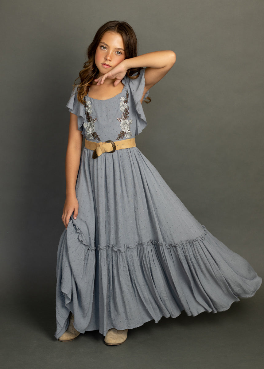 Dewi Women's Dusty Blue Flowy Midi Dress - Elegant Casual & Party Wear for Summer, Weddings, and Special Occasions