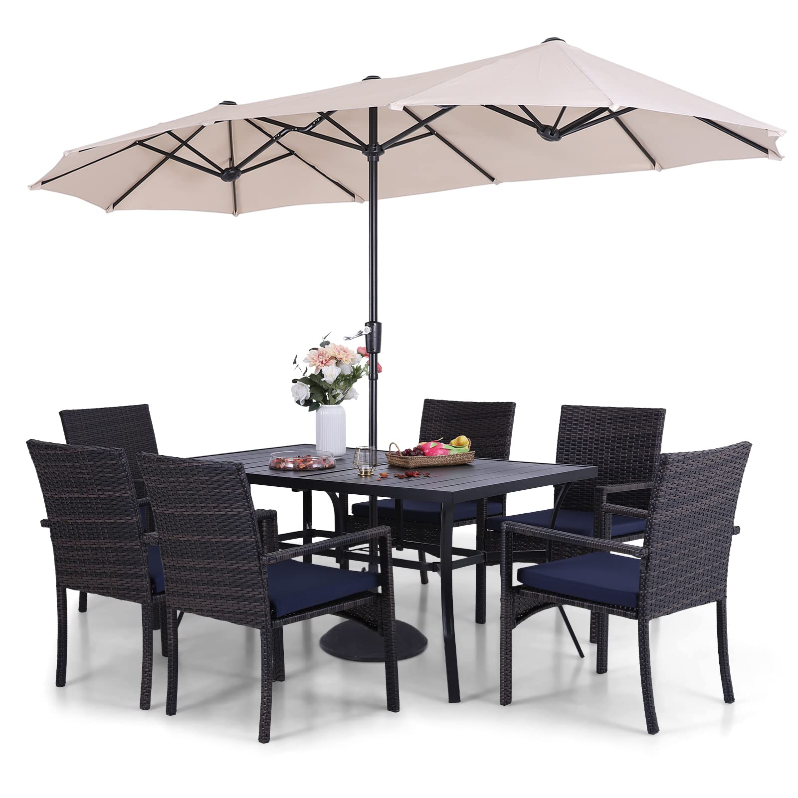 Outdoor Patio Dining Set with Umbrella - 7-Piece Beige Rattan Furniture Set with Metal Table & Cushioned Chairs for Backyard, Deck, Porch | Perfect for Family Gatherings, BBQs, and Outdoor Entertaining