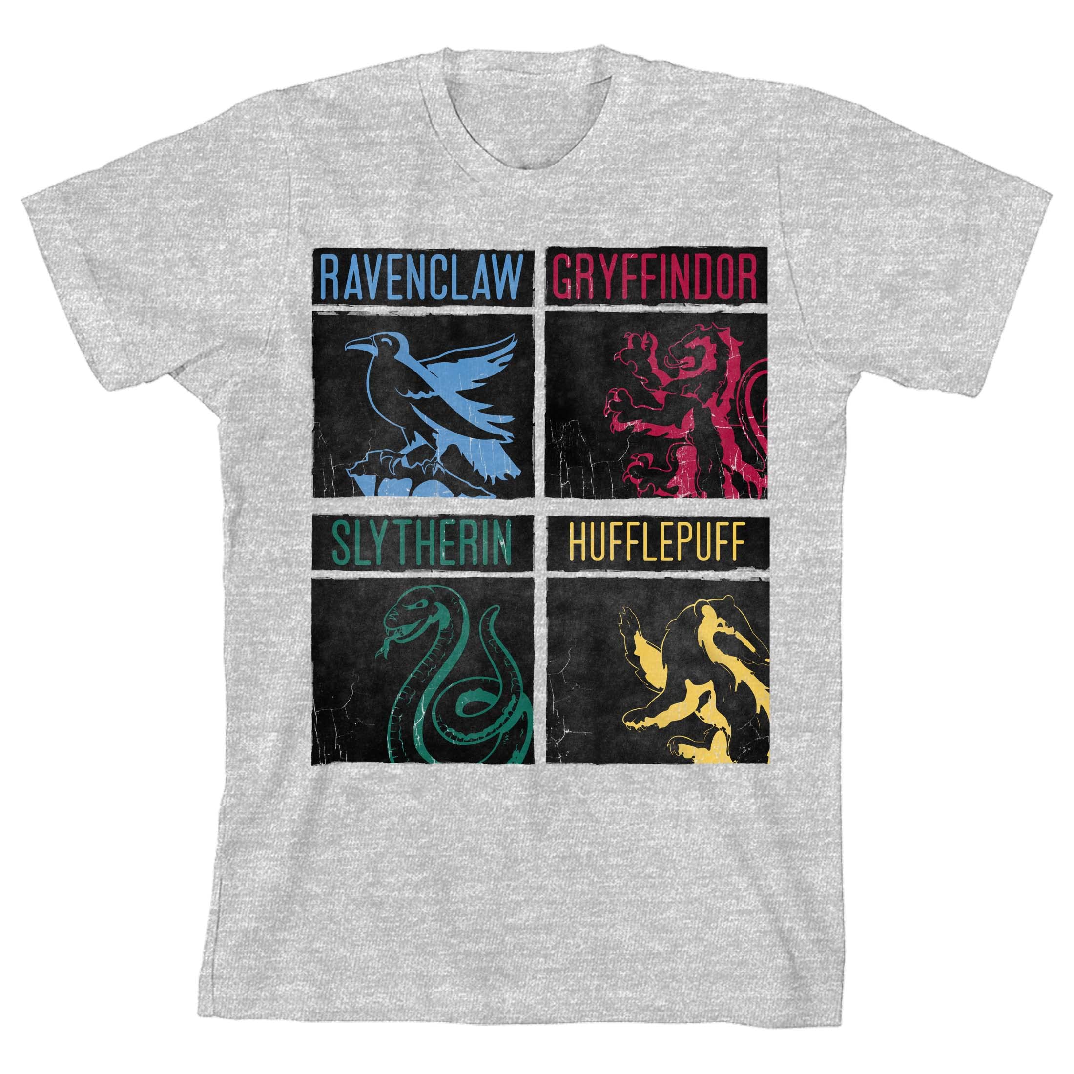 Harry Potter Hogwarts Houses Grid T-Shirt for Boys - Heather Gray Cotton Tee - Casual Wear & Cosplay for Fans