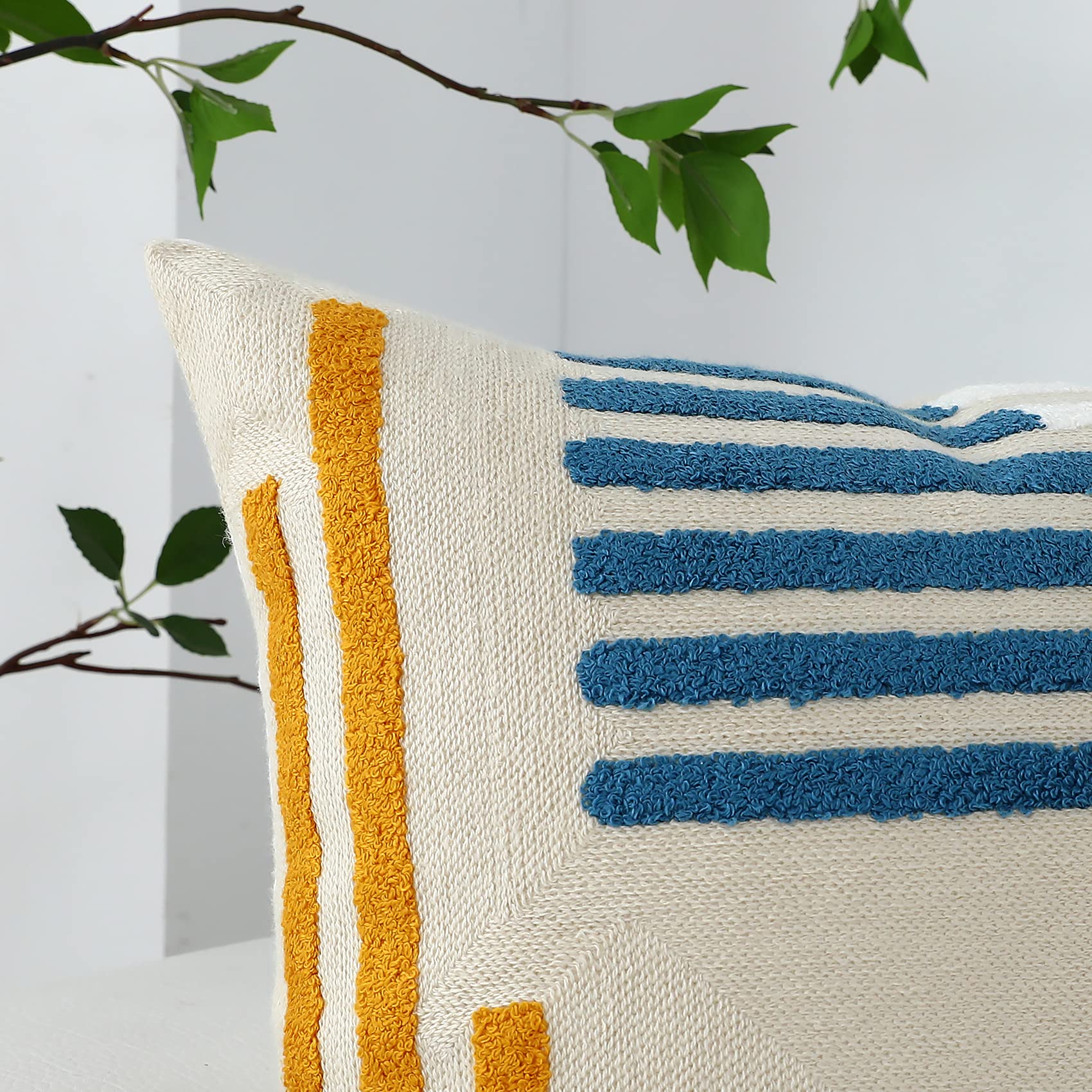 Boho Throw Pillow Covers 20x20 Set of 2 - Neutral Modern Farmhouse Blue & Yellow Embroidered Geometric Pillowcases - Perfect for Couch, Bed, Living Room & Outdoor Decor