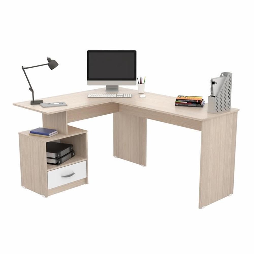 Inval Merlin L-Shaped 1-Drawer Computer Desk with Keyboard Tray - Maple & White Finish for Home Office, Gaming & Small Space Workstations