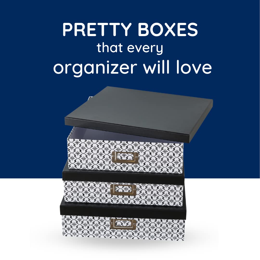 Soul & Lane Black and White Decorative Storage Boxes with Lids - Set of 3 Jumbo Organizer Boxes for Scrapbooking, Documents, Keepsakes & Memories - Modern Trellis Design for Home Office & Craft Room Organization
