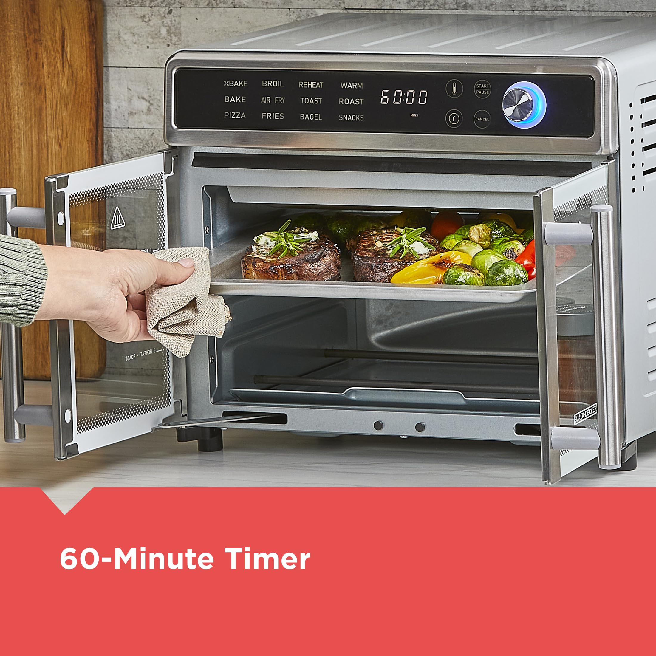 BLACK+DECKER 12-in-1 Air Fryer Toaster Oven Combo with Convection - Fast Cooking Countertop Oven for Pizza, Toast & More - Stainless Steel French Door Design - Perfect for Small Kitchens, Dorms & RV Cooking