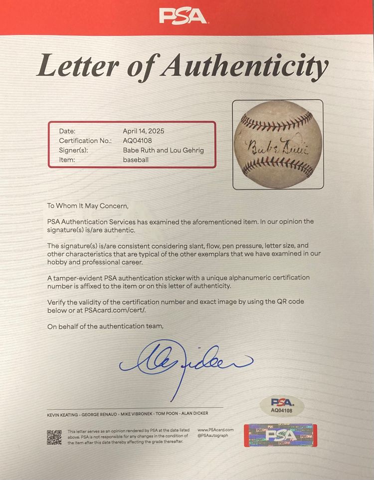 Authentic 1920s Babe Ruth & Lou Gehrig Signed New York Yankees Spalding NL Baseball with PSA/DNA LOA - Perfect for Baseball Memorabilia Collectors & Yankees Fans Display