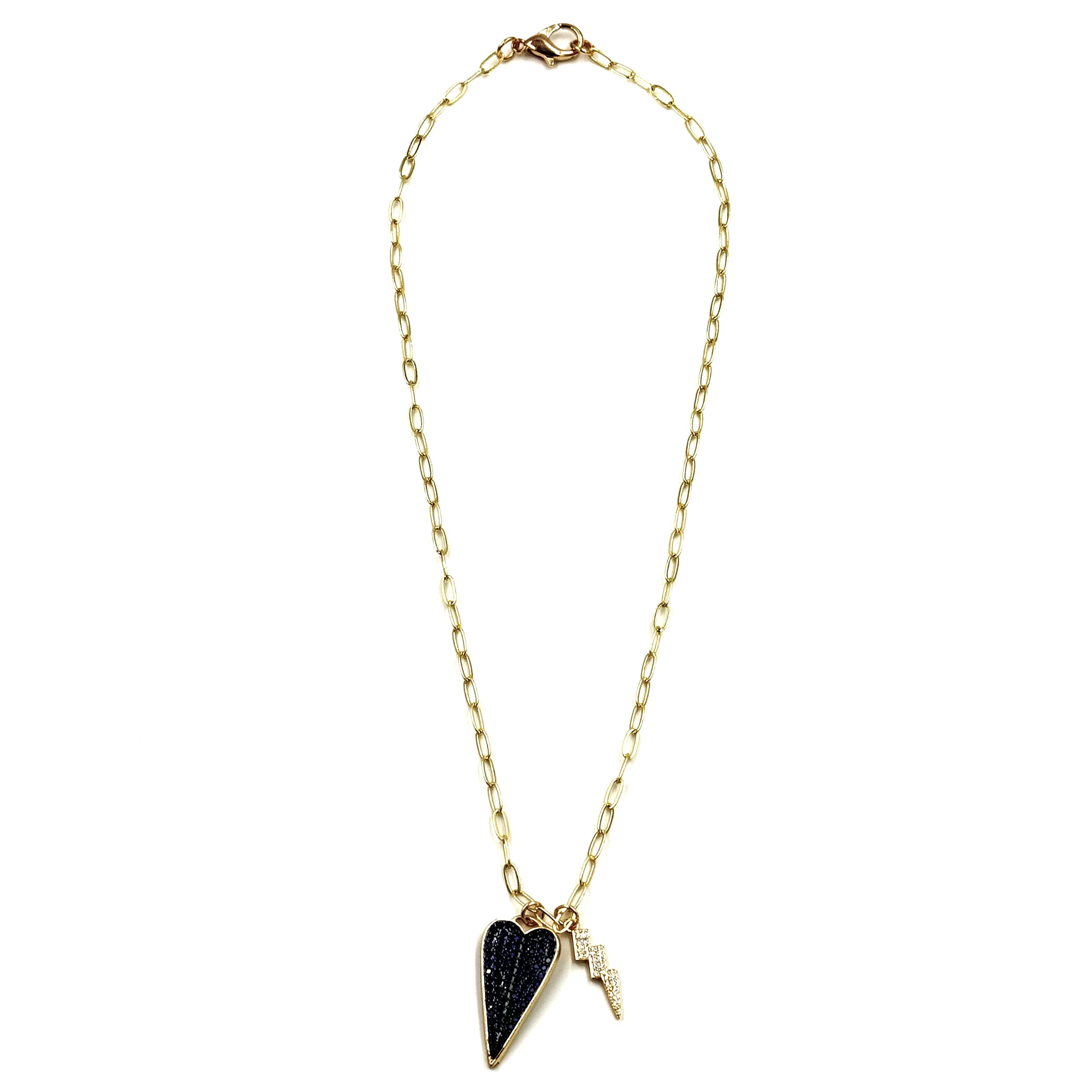 Ashley Gold Stainless Steel Gold Plated CZ Heart & Lightning Bolt Charm Necklace for Women - Elegant Jewelry Gift for Valentine's Day, Anniversary & Special Occasions
