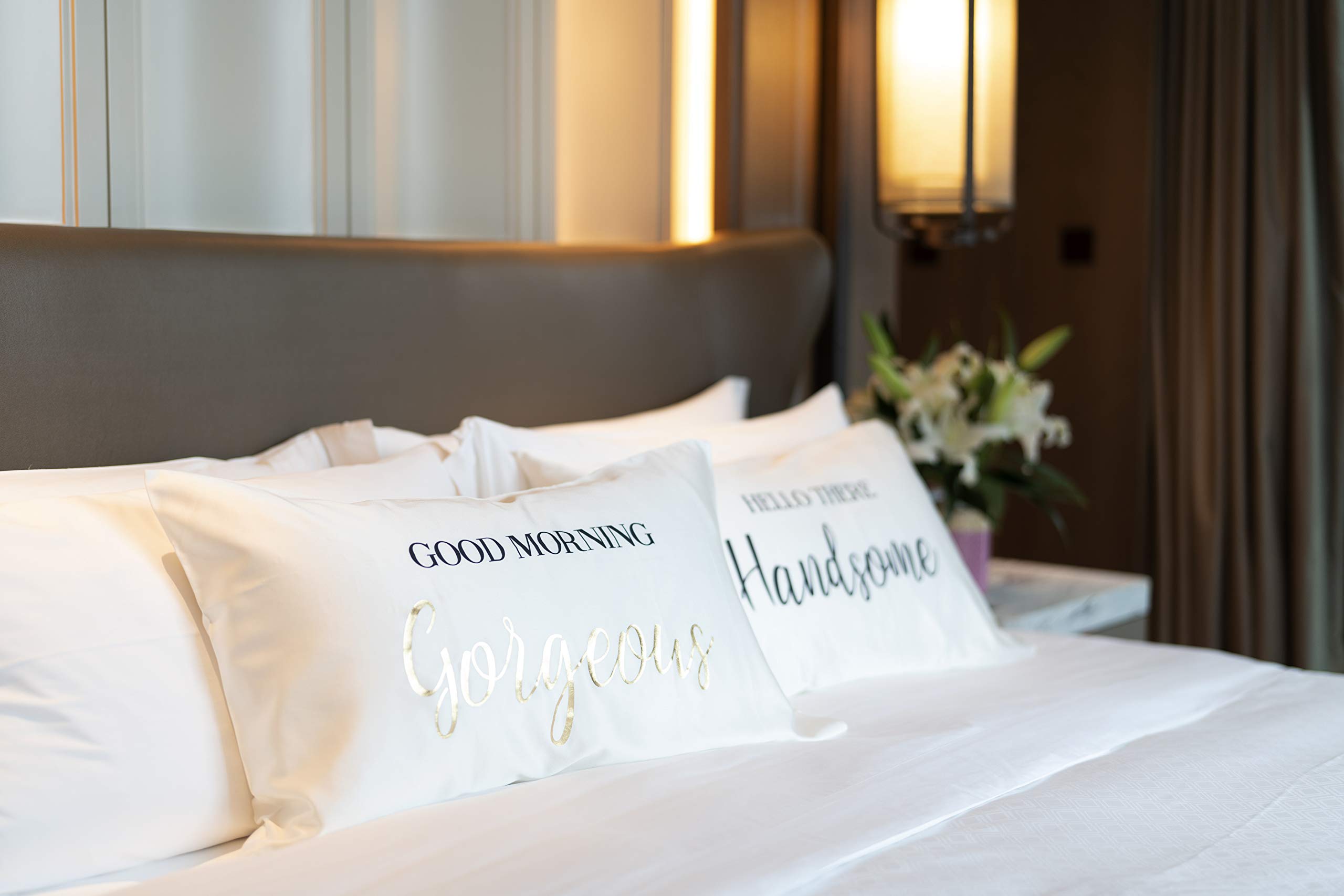 Shiraleah Set of 2 Standard Pillowcases - 'Good Morning Gorgeous' & 'Hello There Handsome' - Soft Cotton Bedding for Couples - Perfect for Romantic Gifts & Bedroom Decor
