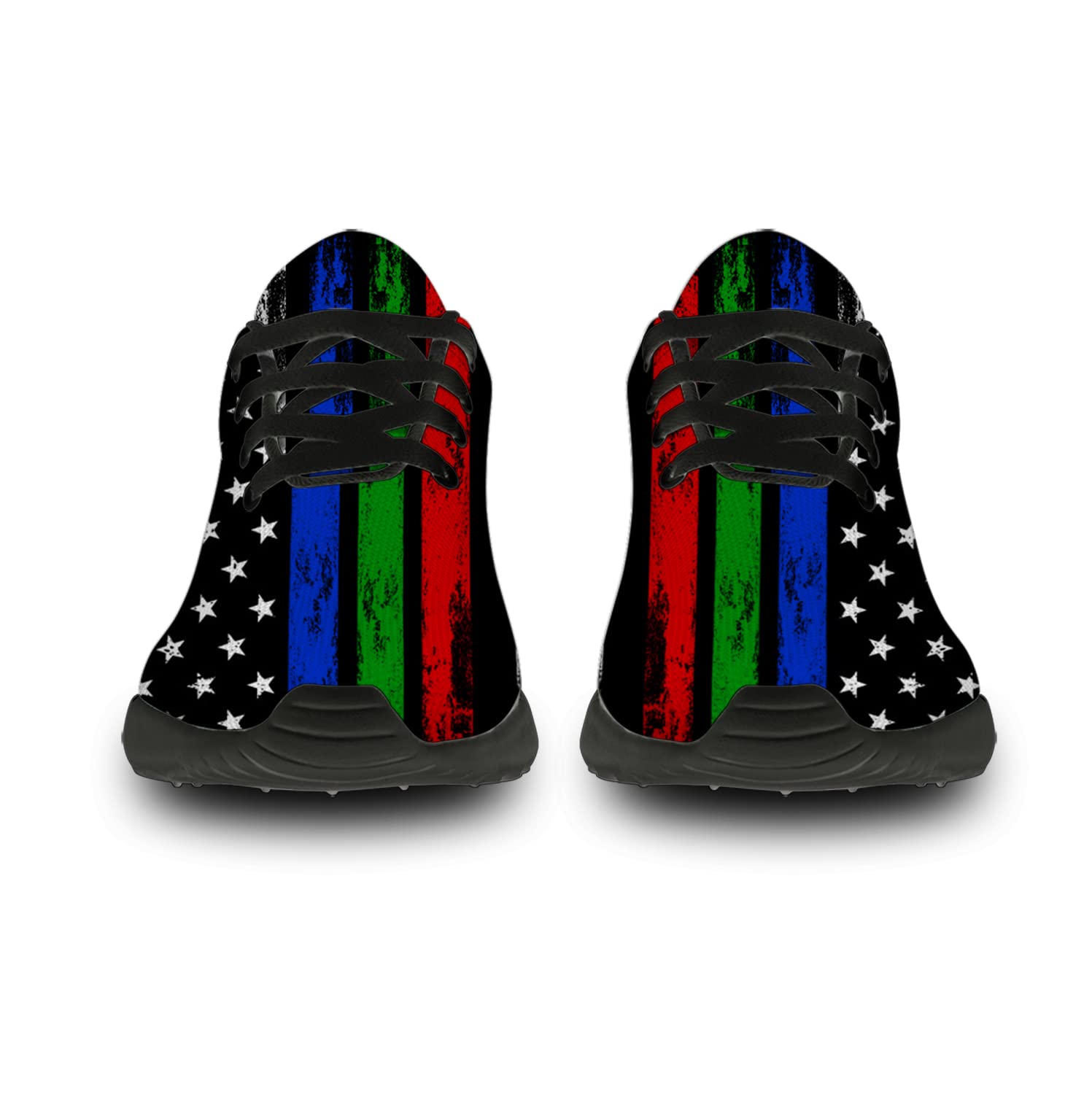 Men's & Women's Thin Blue Line Green Line Red Line Running Shoes - Patriotic American Flag Sneakers for Walking, Tennis, Jogging - Comfortable Athletic Shoes for Men Size 12 / Women Size 15 in Black - Perfect for Police Supporters, Firefighters, Military Appreciation & Patriotic Gifts