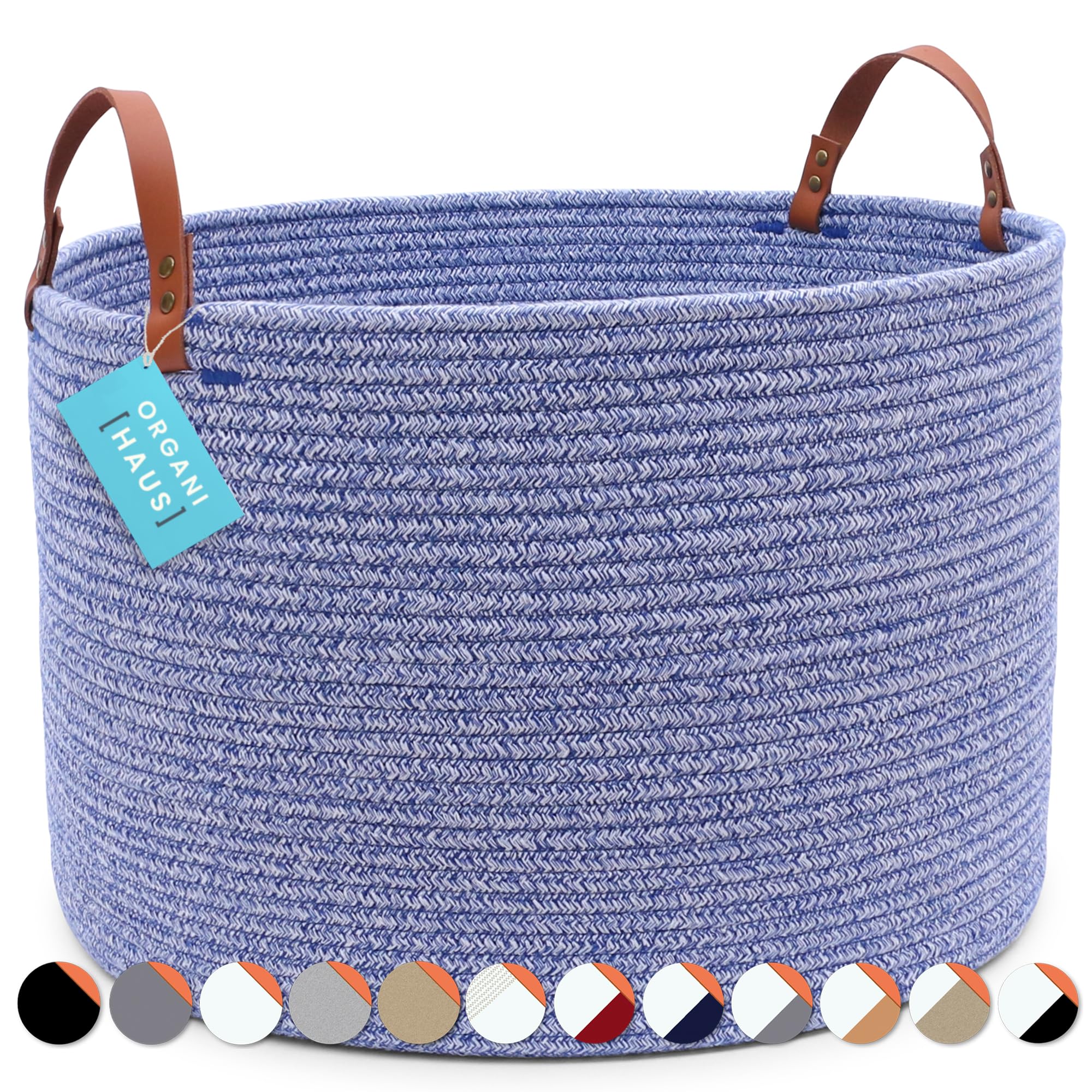 OrganiHaus Large Woven Cotton Rope Basket with Handles - 20x13 Inches, Boho Style Storage Basket for Blankets, Toys, Laundry & Shoes | Perfect for Living Room, Nursery, Entryway & Bedroom Organization | Blue Home Decor Storage Solution