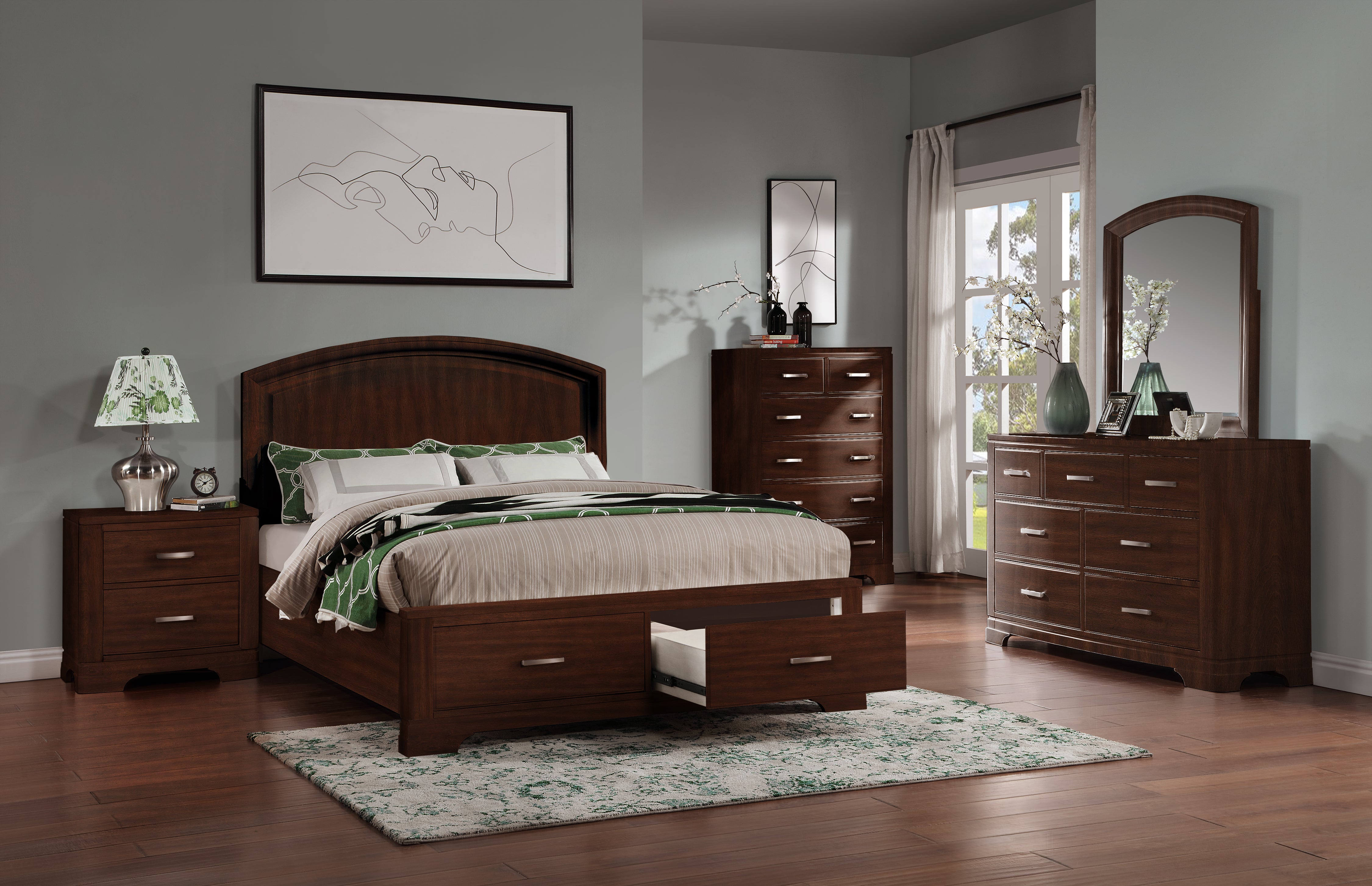 5-Piece Cherry Wood Bedroom Set with Full Storage - Arista Furniture for Small Spaces & Guest Rooms