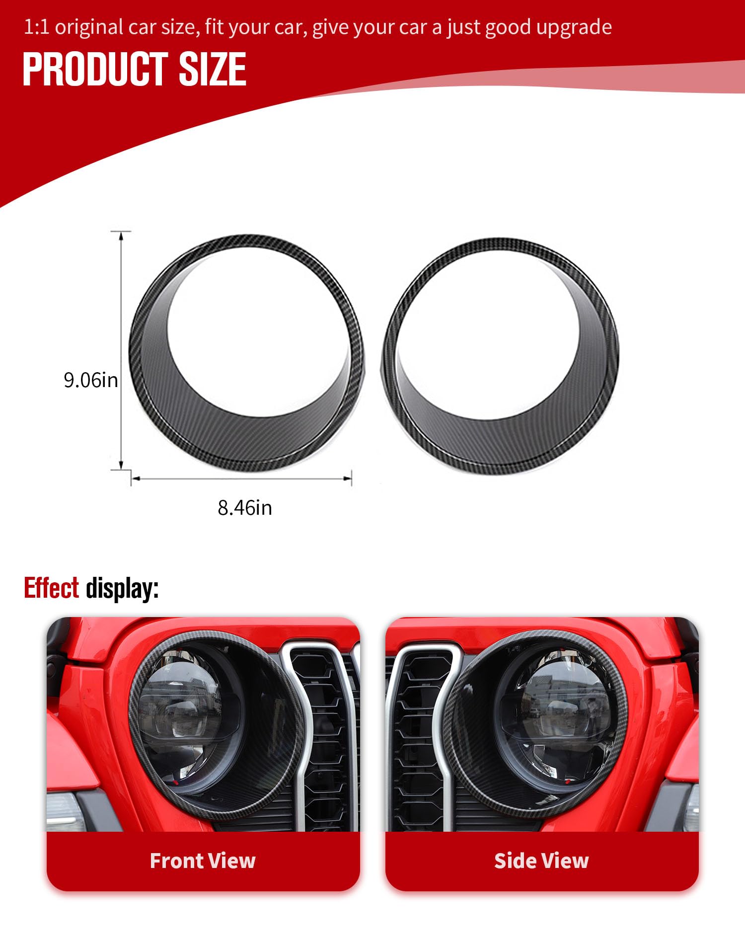 JeCar Carbon Fiber Headlight Trim Covers for 2024 Jeep Wrangler JL/JLU & Gladiator JT - Durable Front Light Bezels & Exterior Accessories - Perfect for Off-Roading, Night Driving & Custom Styling