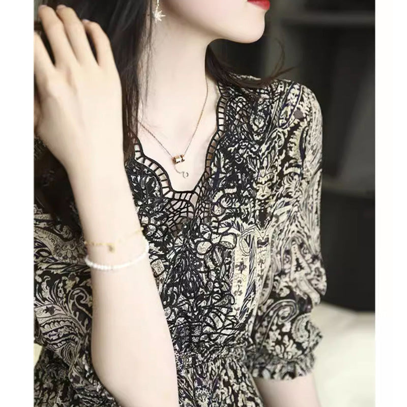 2025 High-End Court Print Silk Dress - V-Neck Lace Mulberry Silk Skirt for Women | Black Midi & Long Summer Dress for Weddings, Parties & Formal Events