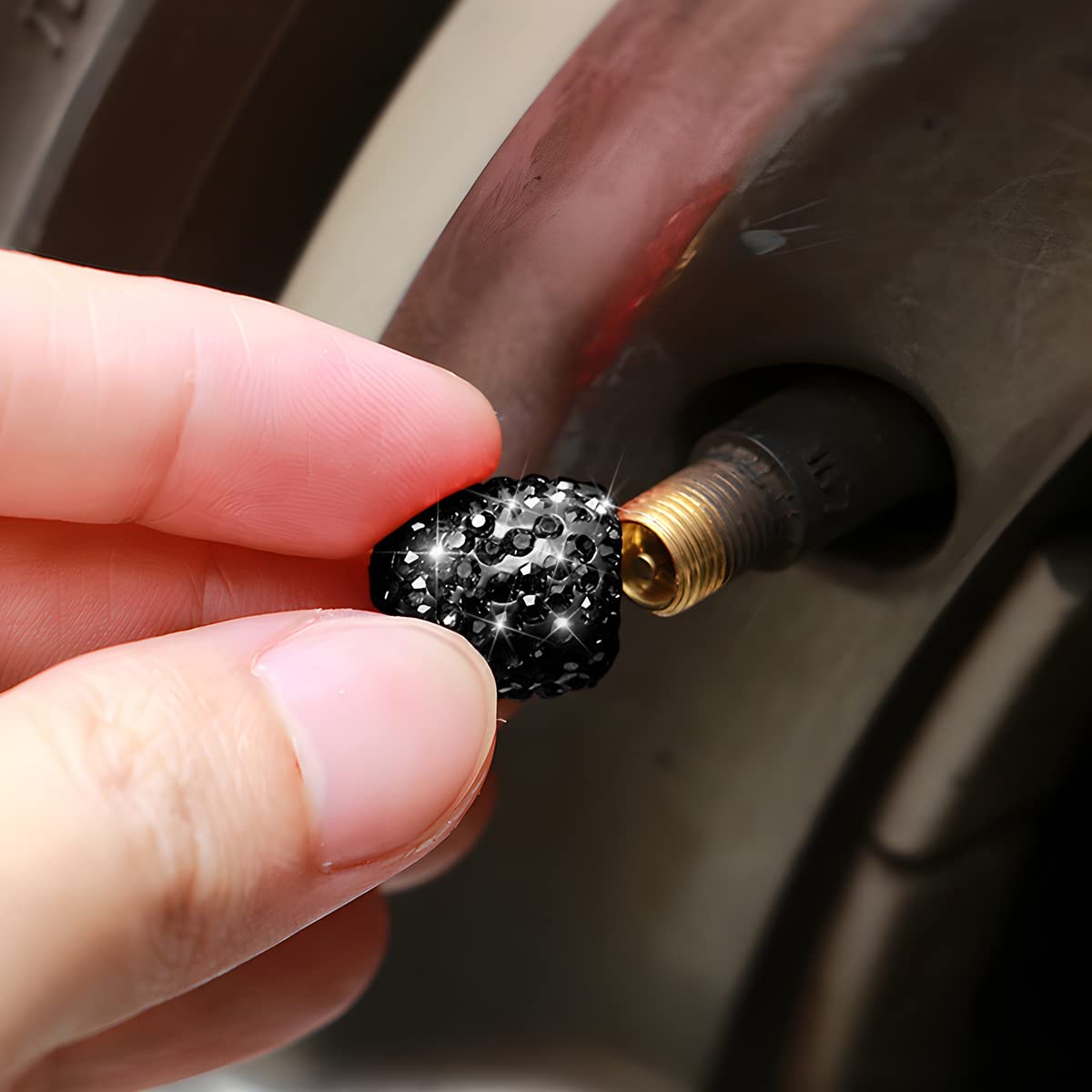 AUCELI 4PCS Bling Crystal Rhinestone Car Tire Valve Stem Caps - Universal Dustproof Waterproof Wheel Air Valve Covers for SUV, Truck, Motorcycle, Bike (Black) | Stylish Auto Accessories for Vehicle Customization & Protection