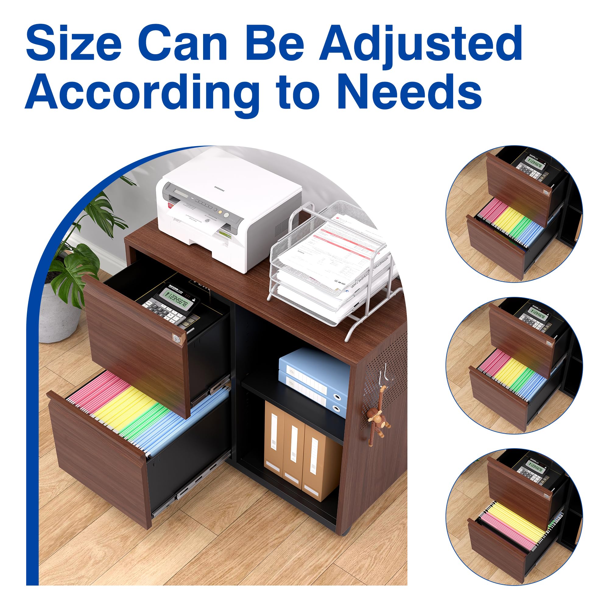 Mobile File Cabinet with Charging Station & Lock - Lateral Office Cabinet with Open Storage Shelves & Printer Stand - Left Drawer Brown - Perfect for Home Office Organization & Workspace Storage Solutions