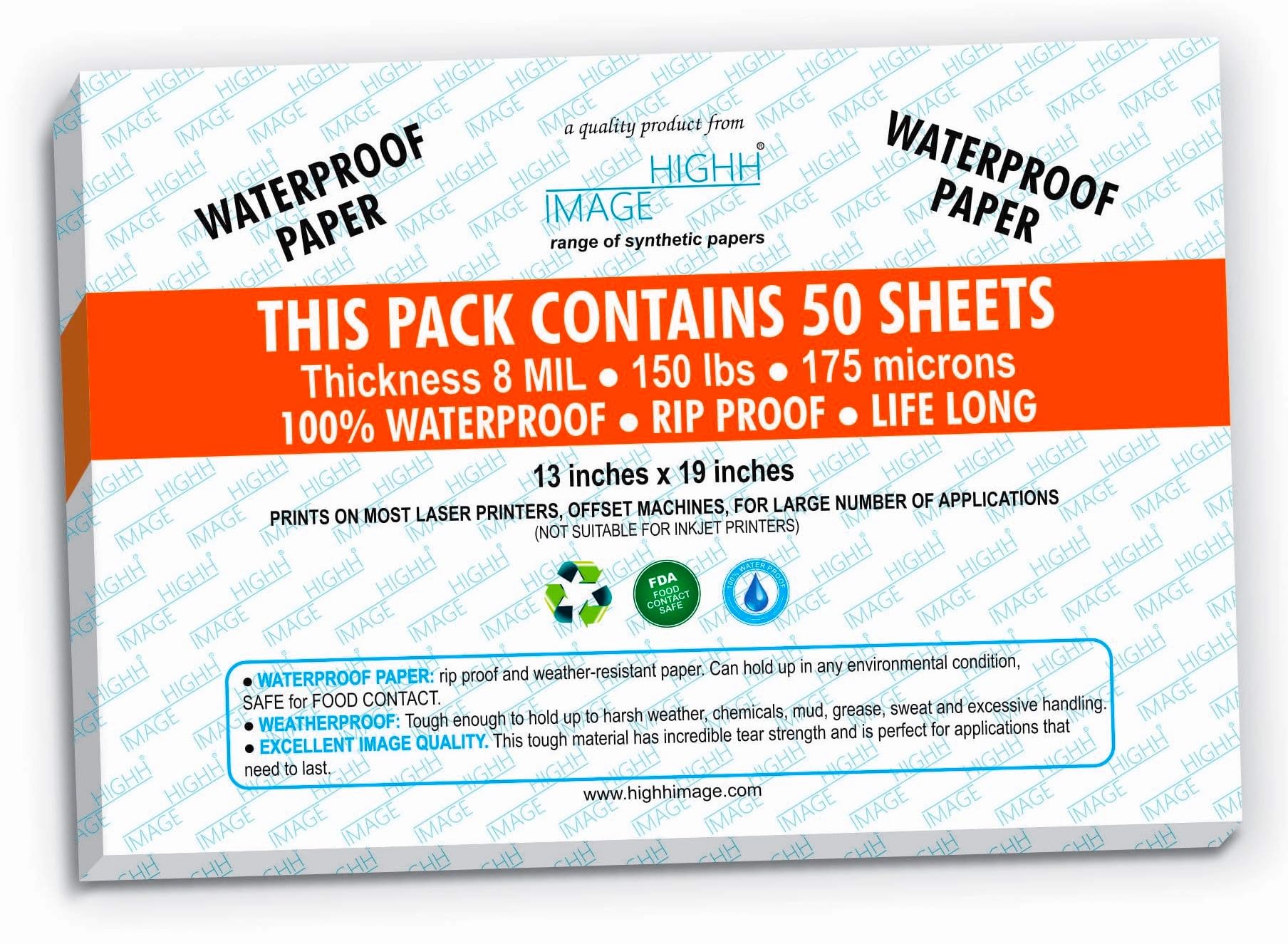 Waterproof Tear-Resistant Weatherproof Paper 13x19 Inches - 50 Sheets, 150 lb Thick 8 Mil Laser Printer Paper for Outdoor Signs, Maps & Water-Resistant Documents