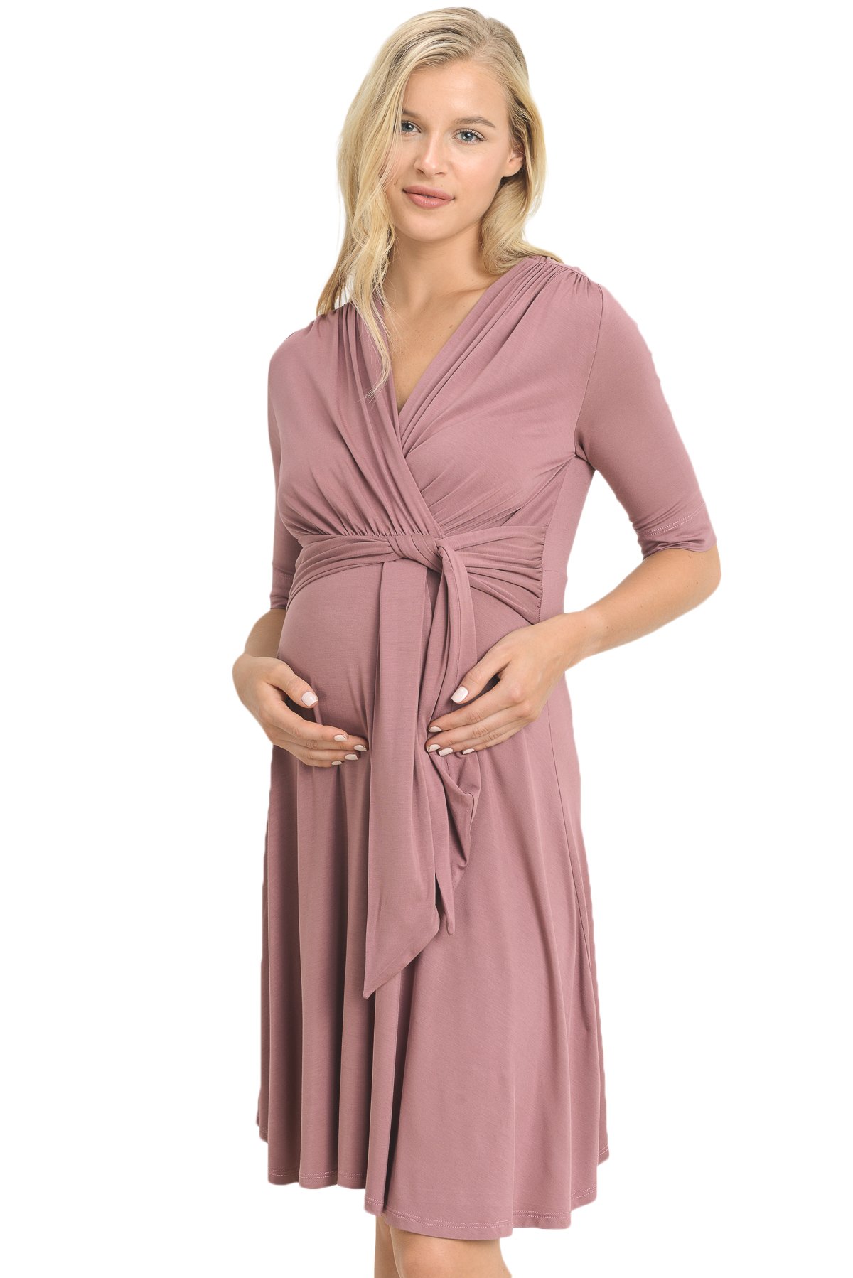LaClef Women's Maternity Wrap Dress with Adjustable Tie Waist Belt - Comfortable Pregnancy Clothes for Work, Baby Shower & Everyday Wear